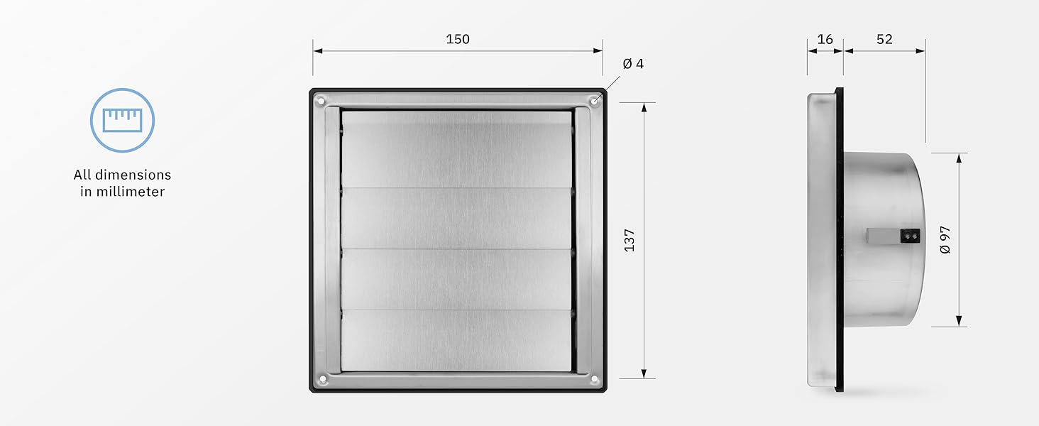 griglia ventilazione, valvola cappa antiritorno, ventola aspirazione, tubo cappa