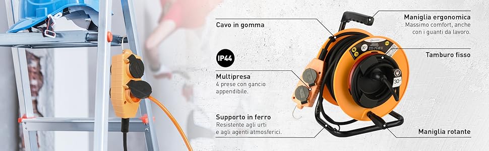 avvolgicavo professionale con multipresa