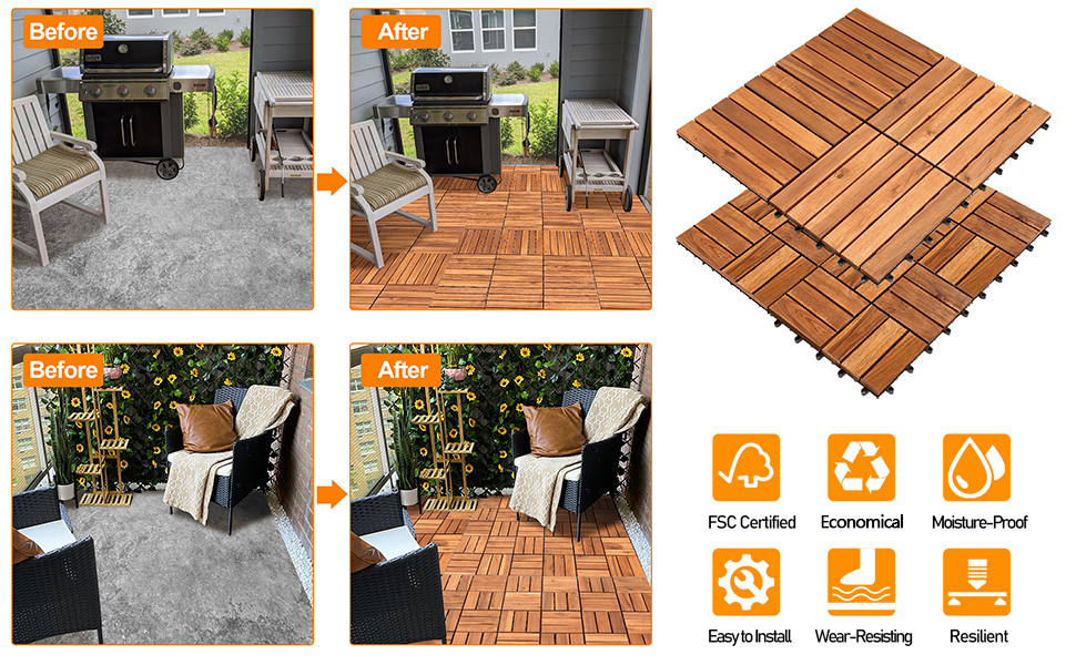 Piastrelle in legno a mosaico, in legno di acacia, per balconi e terrazze