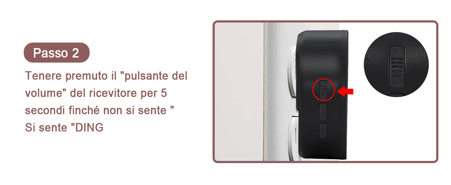 Tenere premuto il tasto "Volume" del ricevitore fino a quando non si sente "DING".