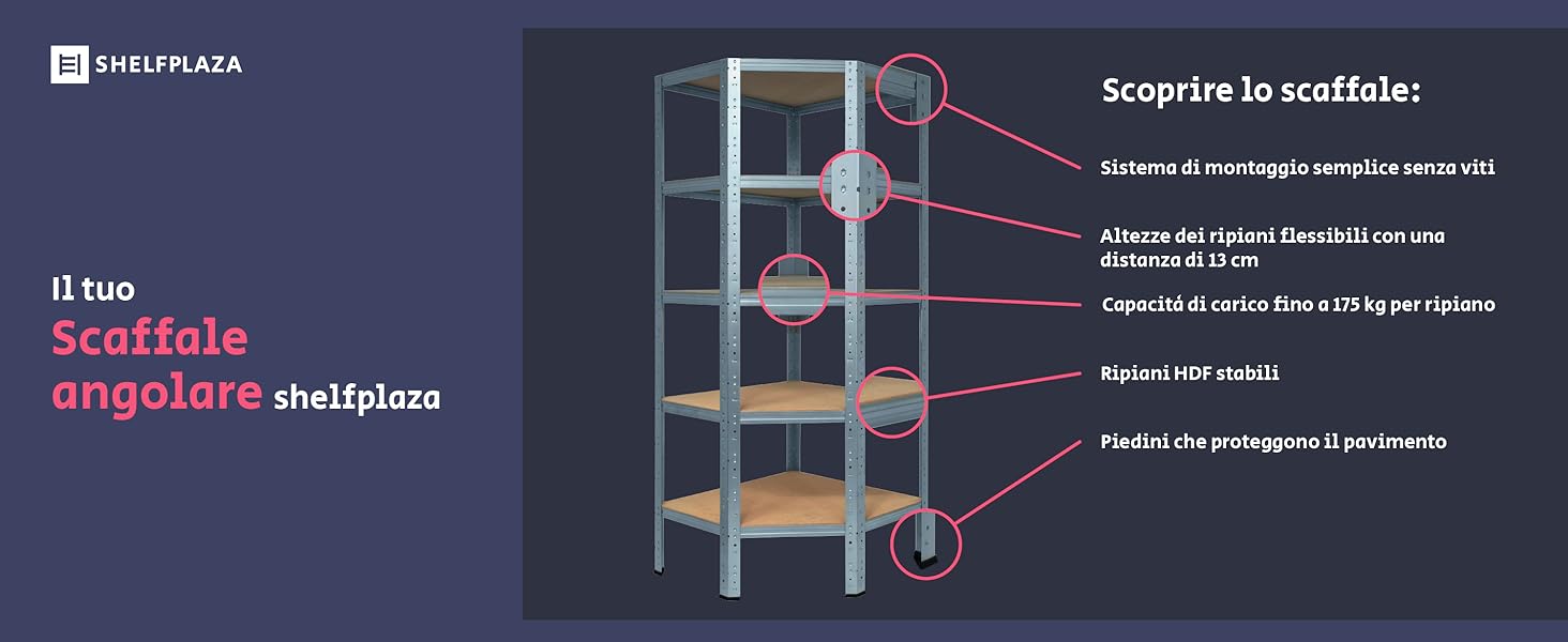 Scaffale angolare HOME, sistema di montaggio, 175 kg per HDF, ripiani flessibili ogni 13 cm.