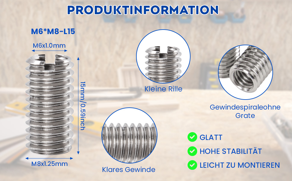 Il manicotto filettato M6 ha una filettatura interna di M6 x 1,0 mm, una filettatura esterna di M8 x 1,25 mm