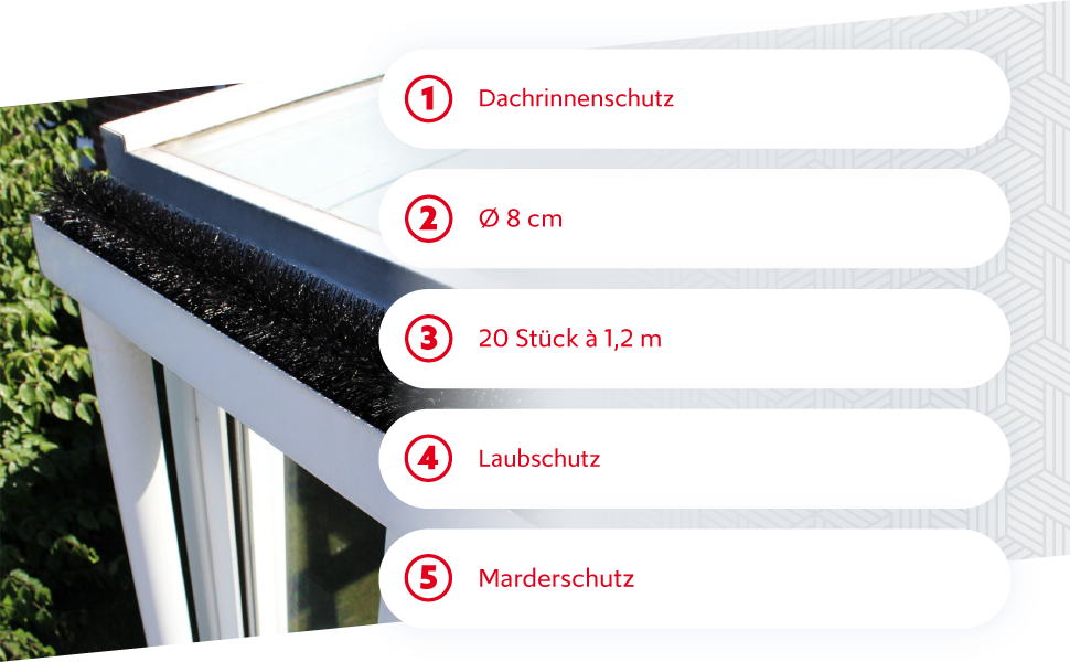 24 m spazzola per grondaia, 120 cm, Ø 8 cm, protezione per foglie e martore, 20 pezzi