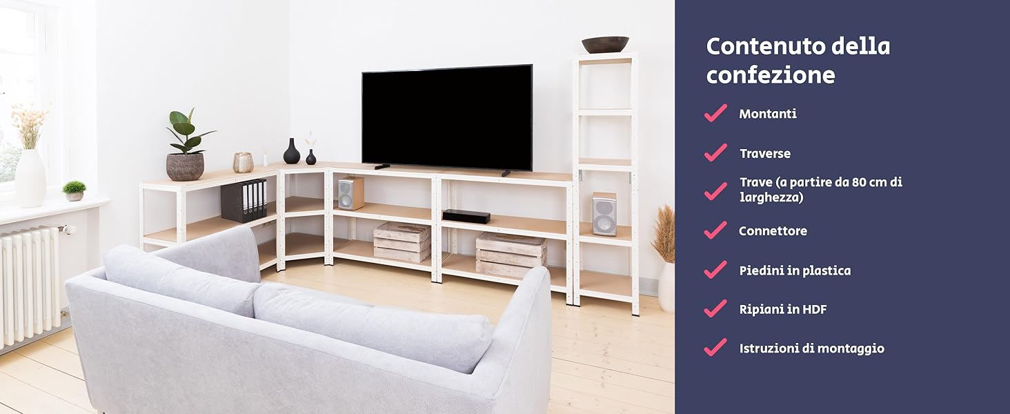 Contenuto: Montanti, traverse, sottotraversi (da 80 cm), connettori, piedi in plastica, ripiani HDF