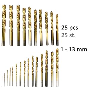 S&R 25 Punte per Legno Professionali 1-13mm in Acciaio HSS 4241, Rivestimento Tin.