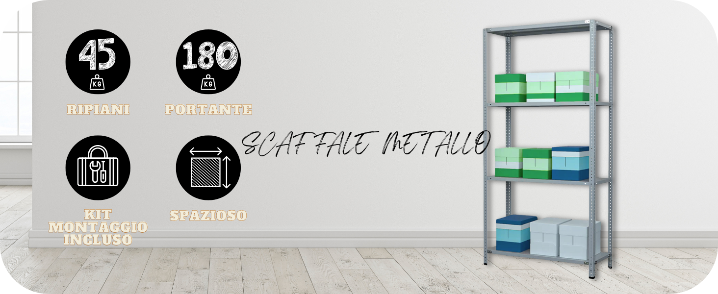 Scaffale in metallo zincato a 4 ripiani con struttura a bulloni