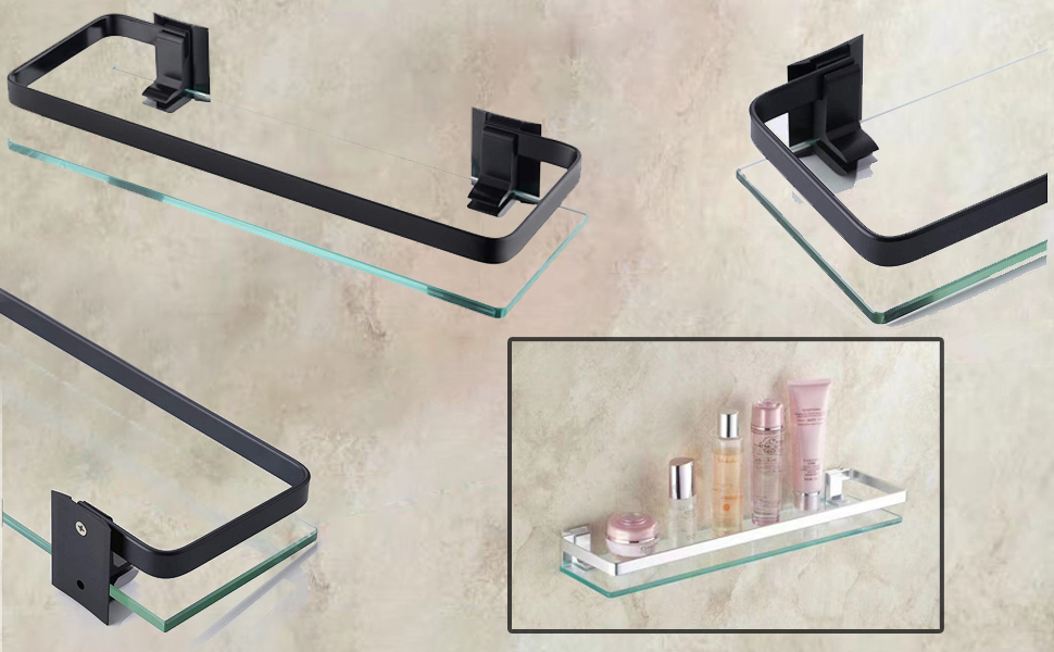Mensola bagno in vetro temperato con barra in alluminio argento o nero