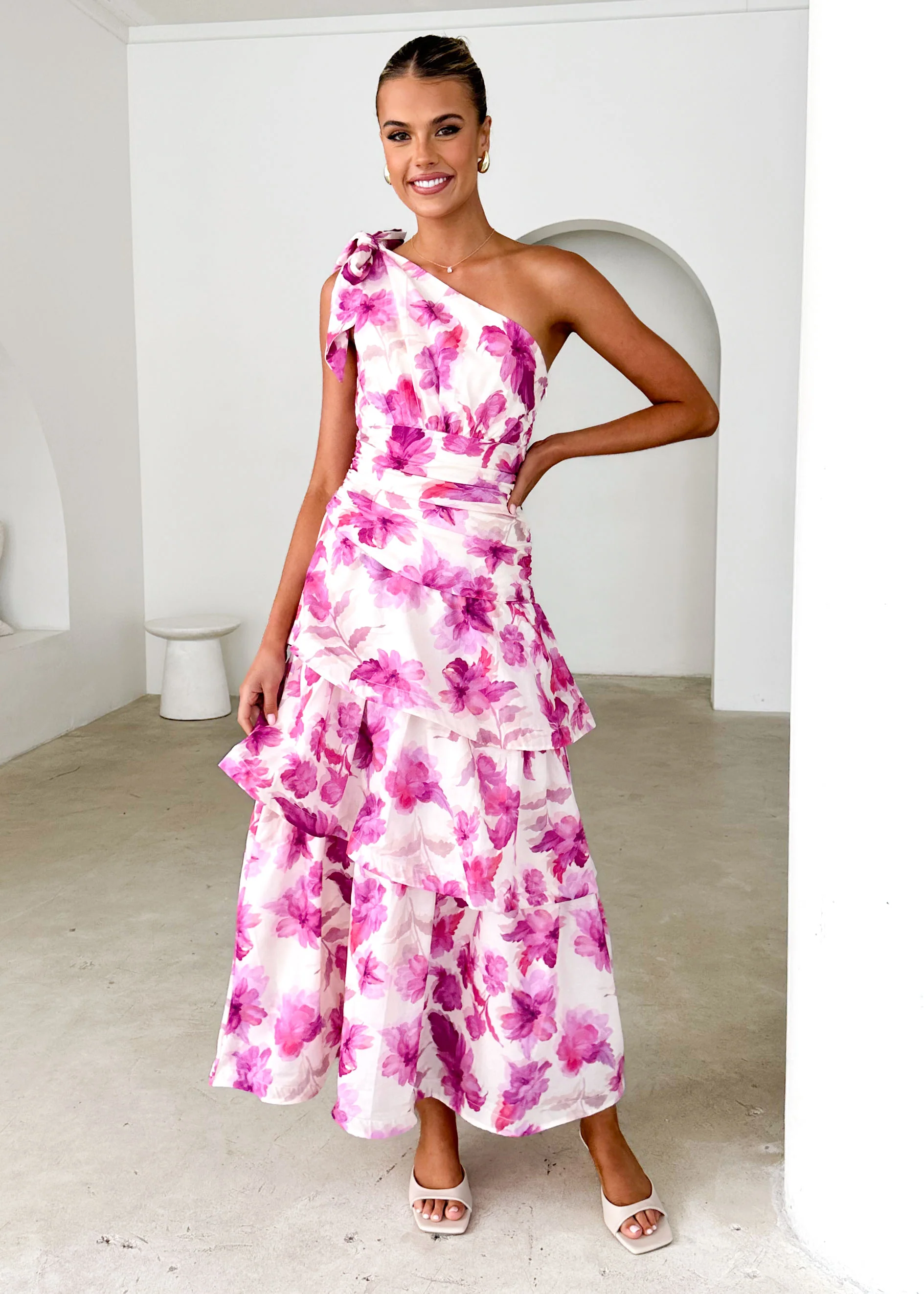 Anrielle One Shoulder Maxi Dress - Pink Flowers - Honorern