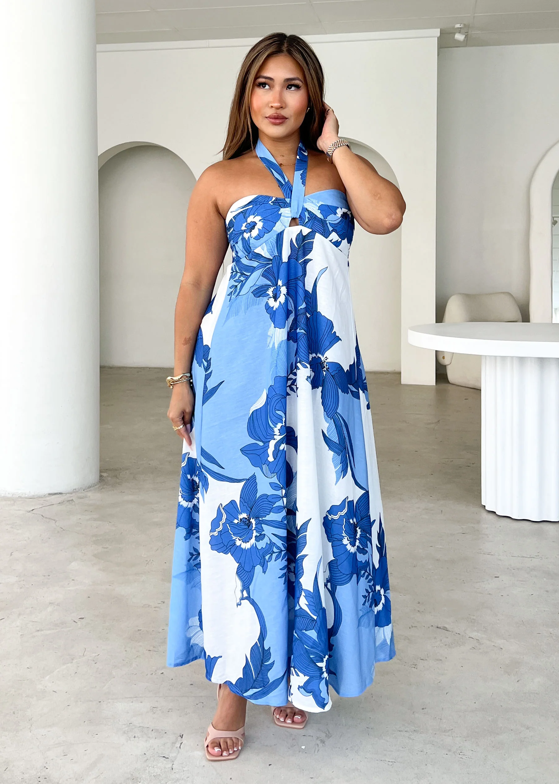 Mariana Halter Maxi Dress - Blue Floral - Honorern