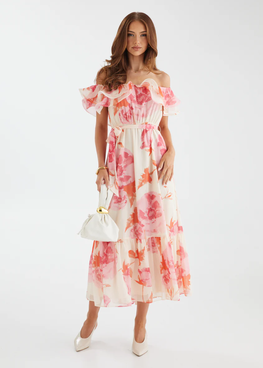 Tarsha Off Shoulder Maxi Dress - Pink Bloom - Honorern