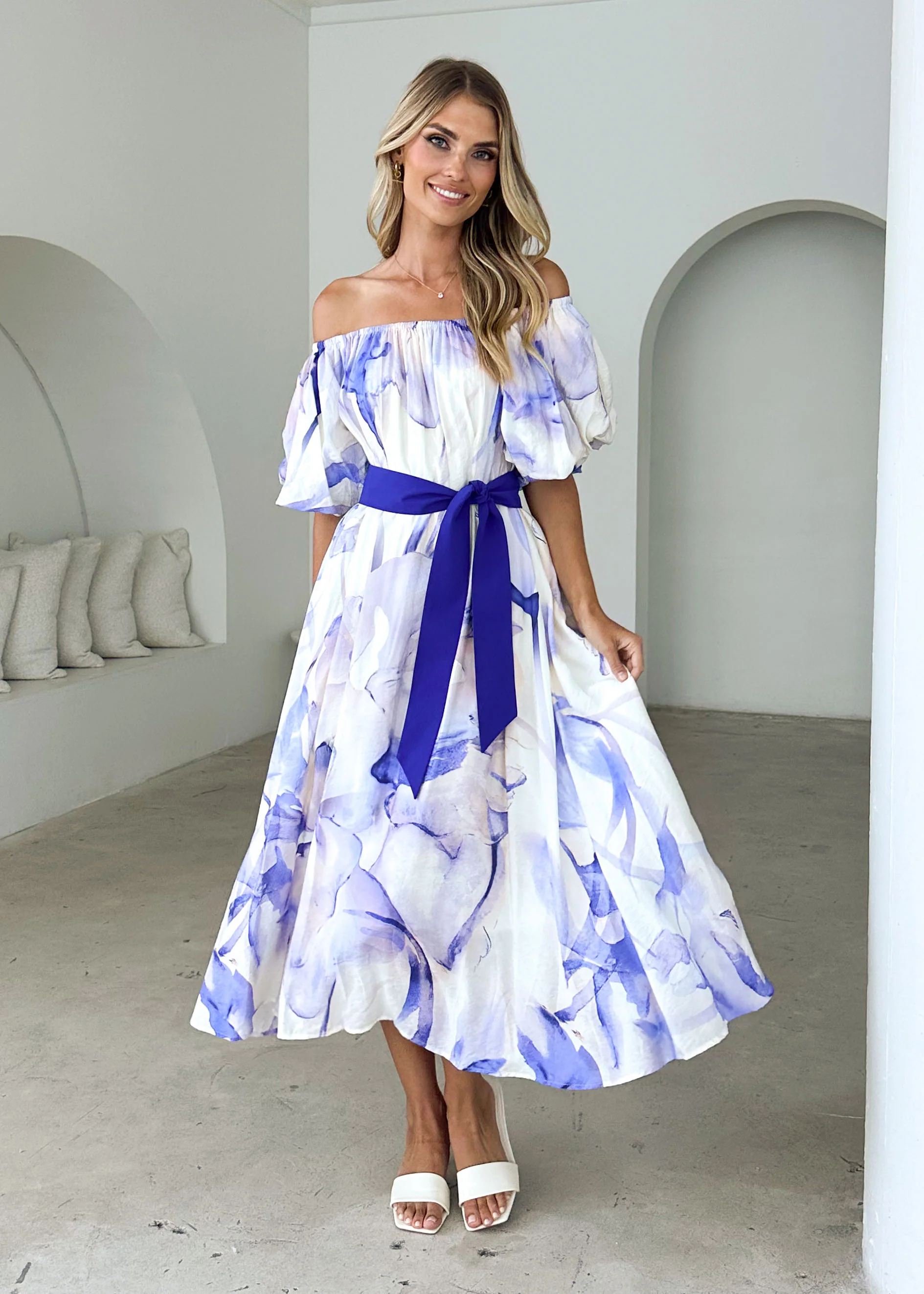 Reece Off Shoulder Midi Dress - Lapis Flame - Honorern