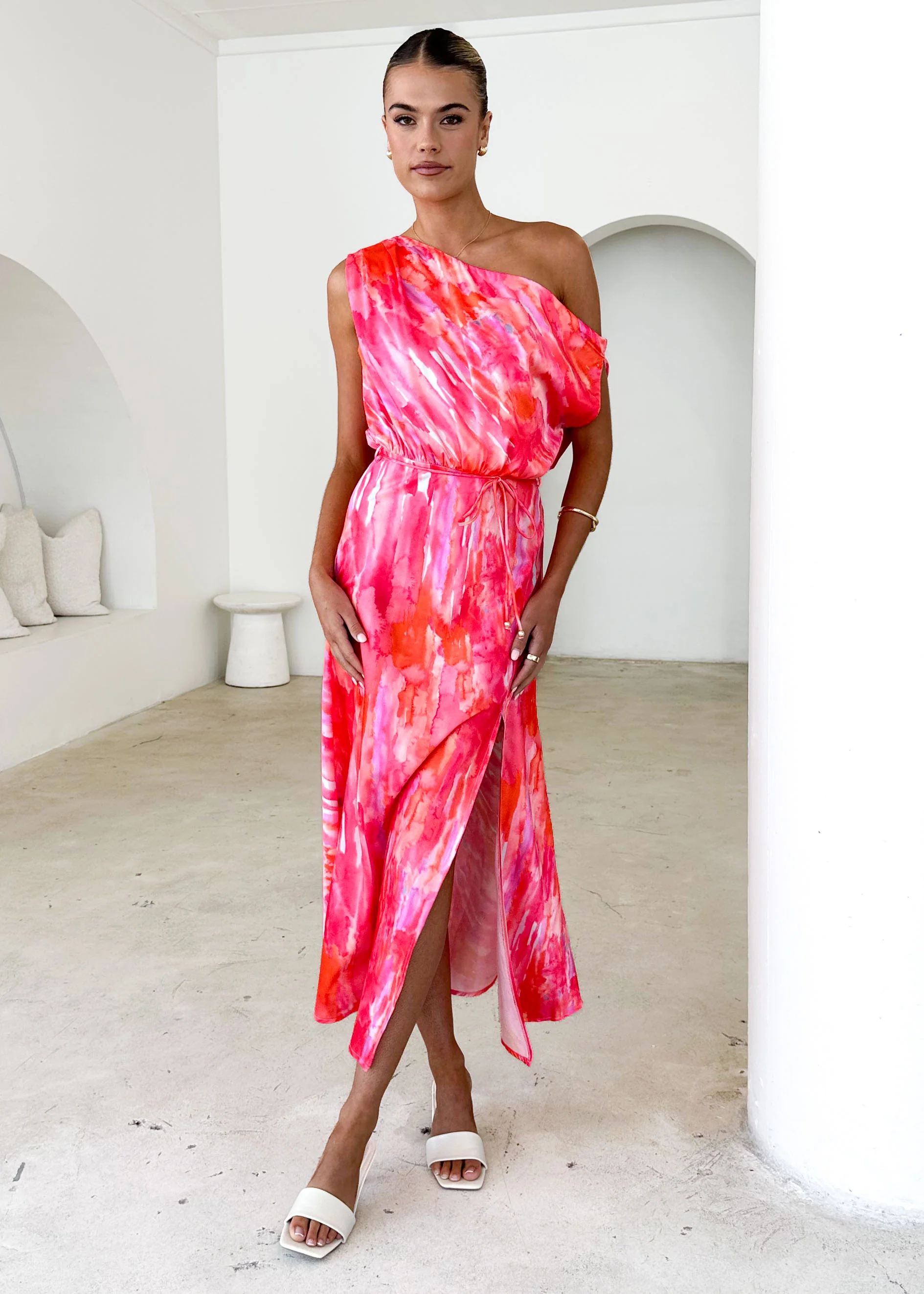 Vivian One Shoulder Maxi Dress - Pink Splash - Honorern