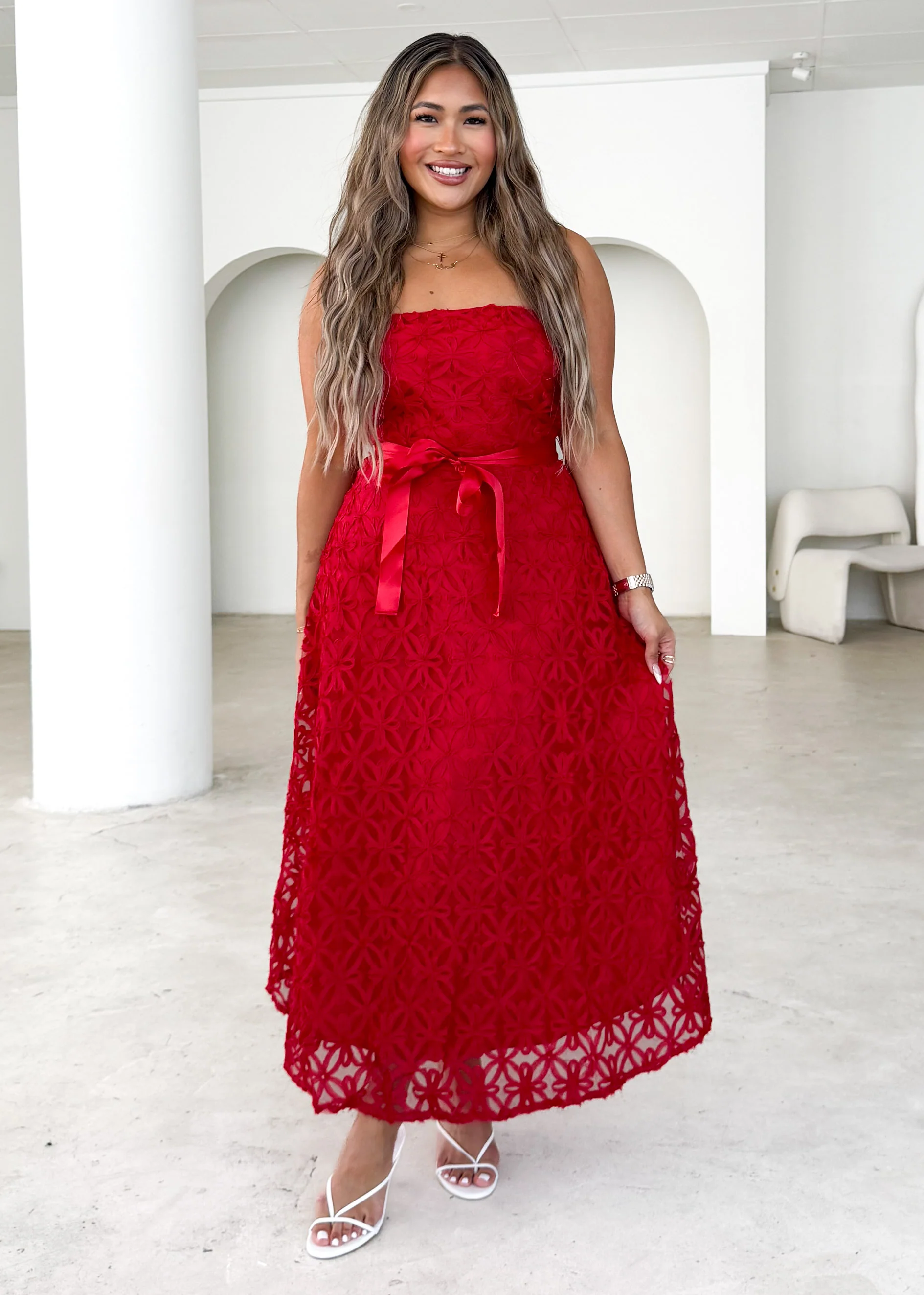 Maddy Strapless Midi Dress - Red - Honorern