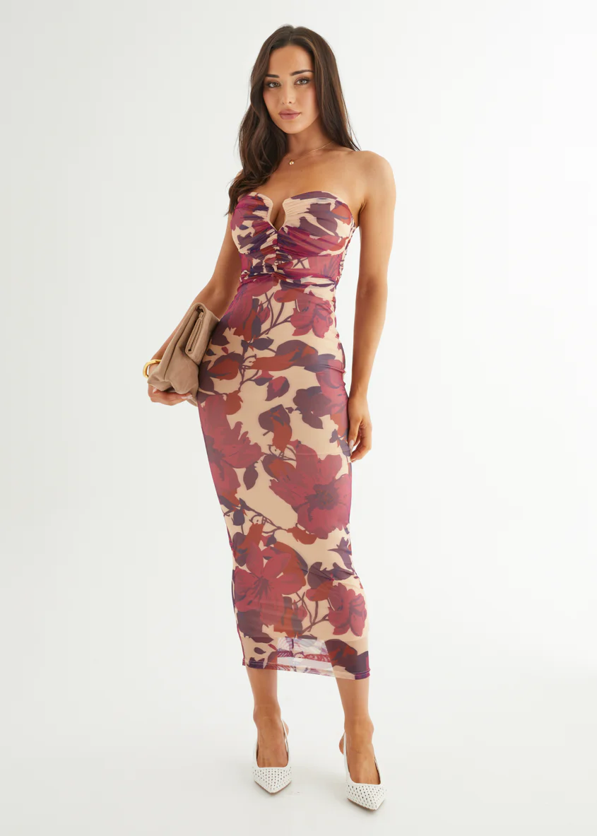 May Strapless Mesh Midi Dress - Mulberry Floral - Honorern