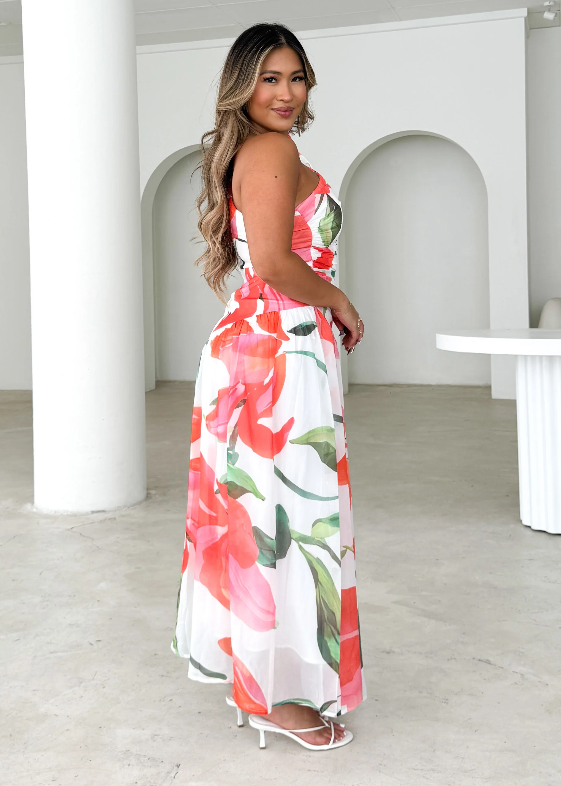 Lentara One Shoulder Maxi Dress - Red Flowers - Honorern