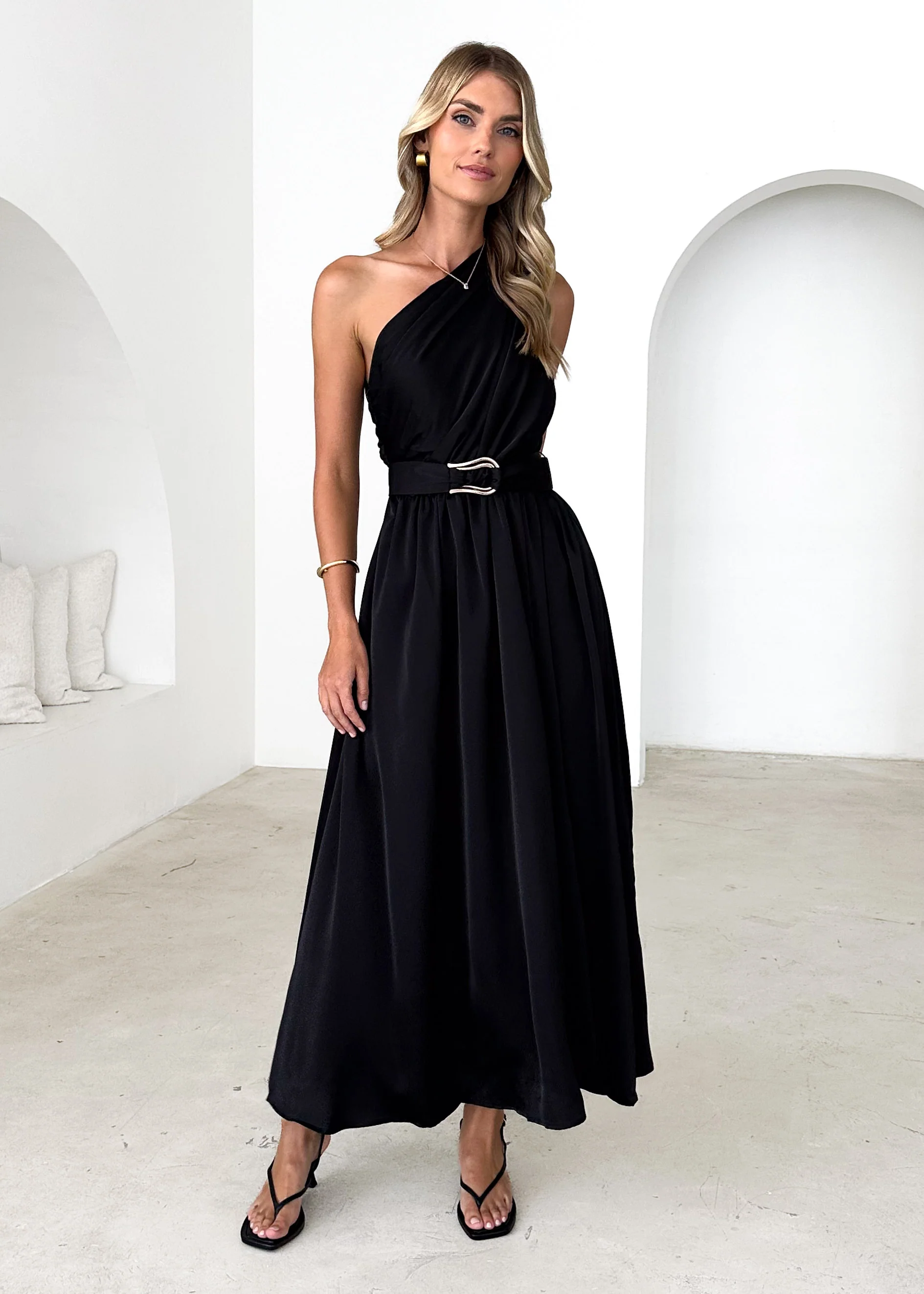 Korah One Shoulder Midi Dress - Black - Honorern