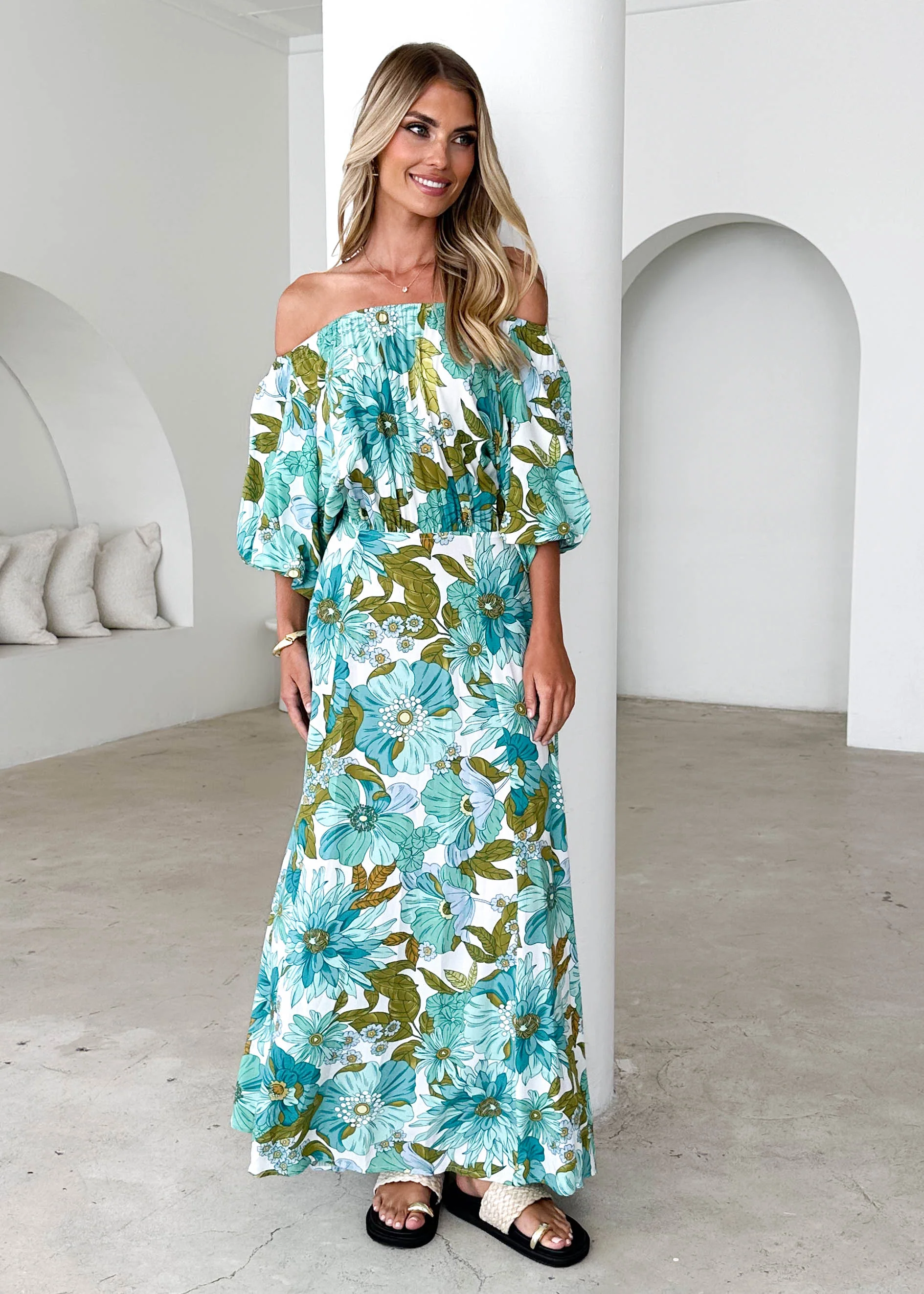 Hallie Off Shoulder Maxi Dress - Amaya Green - Honorern