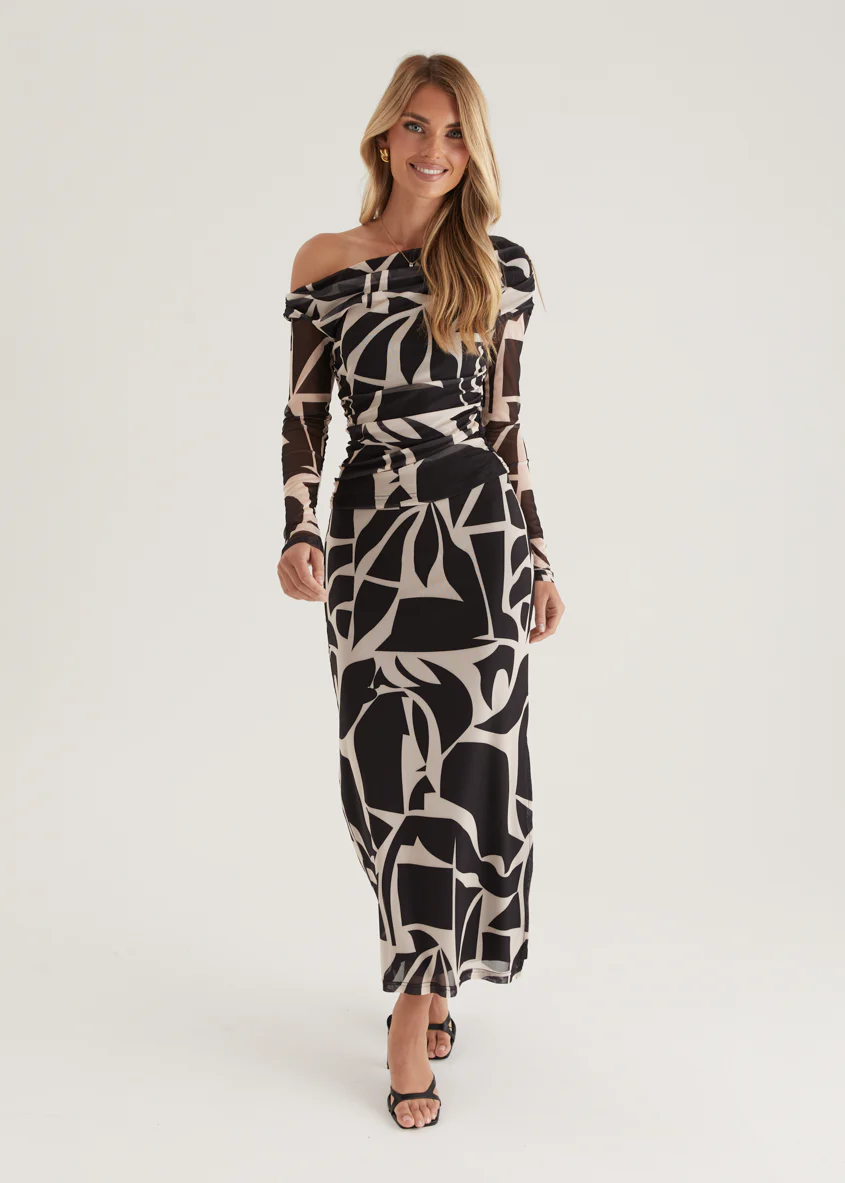 Mimi Mesh Maxi Skirt - Black Abstract - Honorern