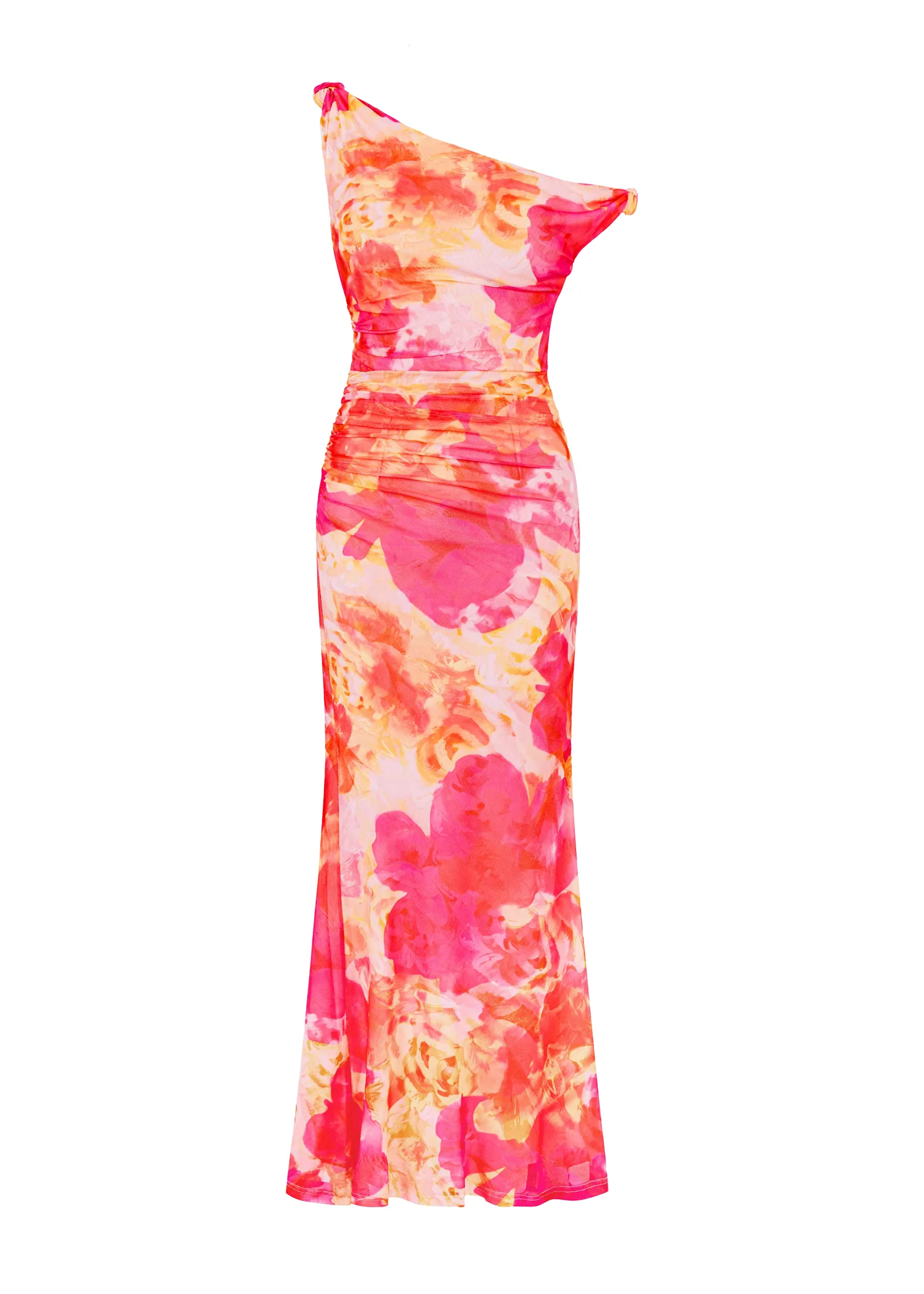 Ziah One Shoulder Mesh Maxi Dress - Magenta Abstract - Honorern