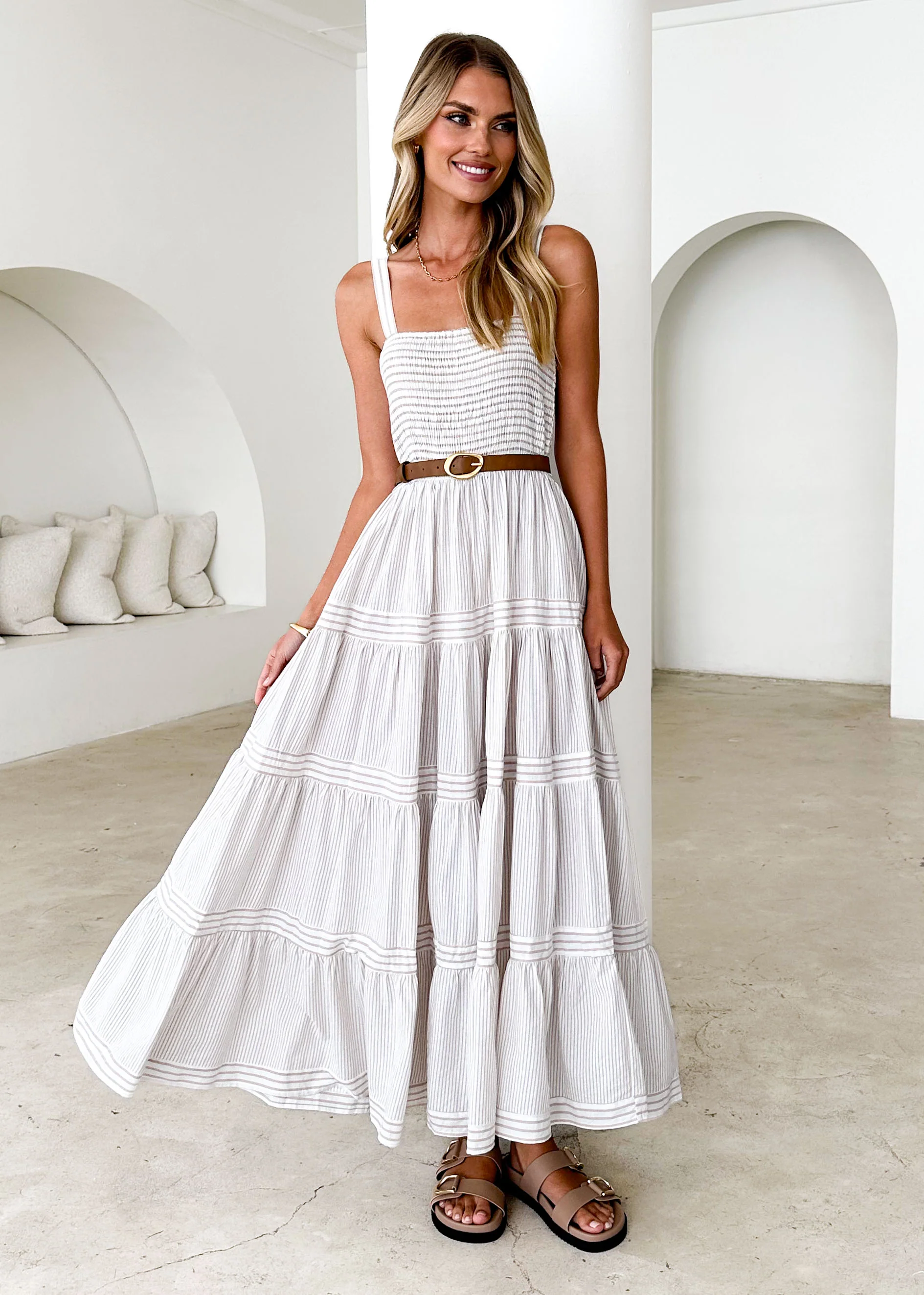 Courtland Maxi Dress - Beige Stripe - Honorern