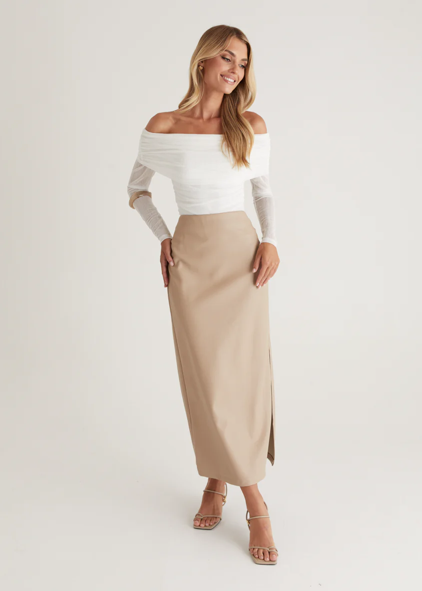Whisky PU Midi Skirt - Nude - Honorern