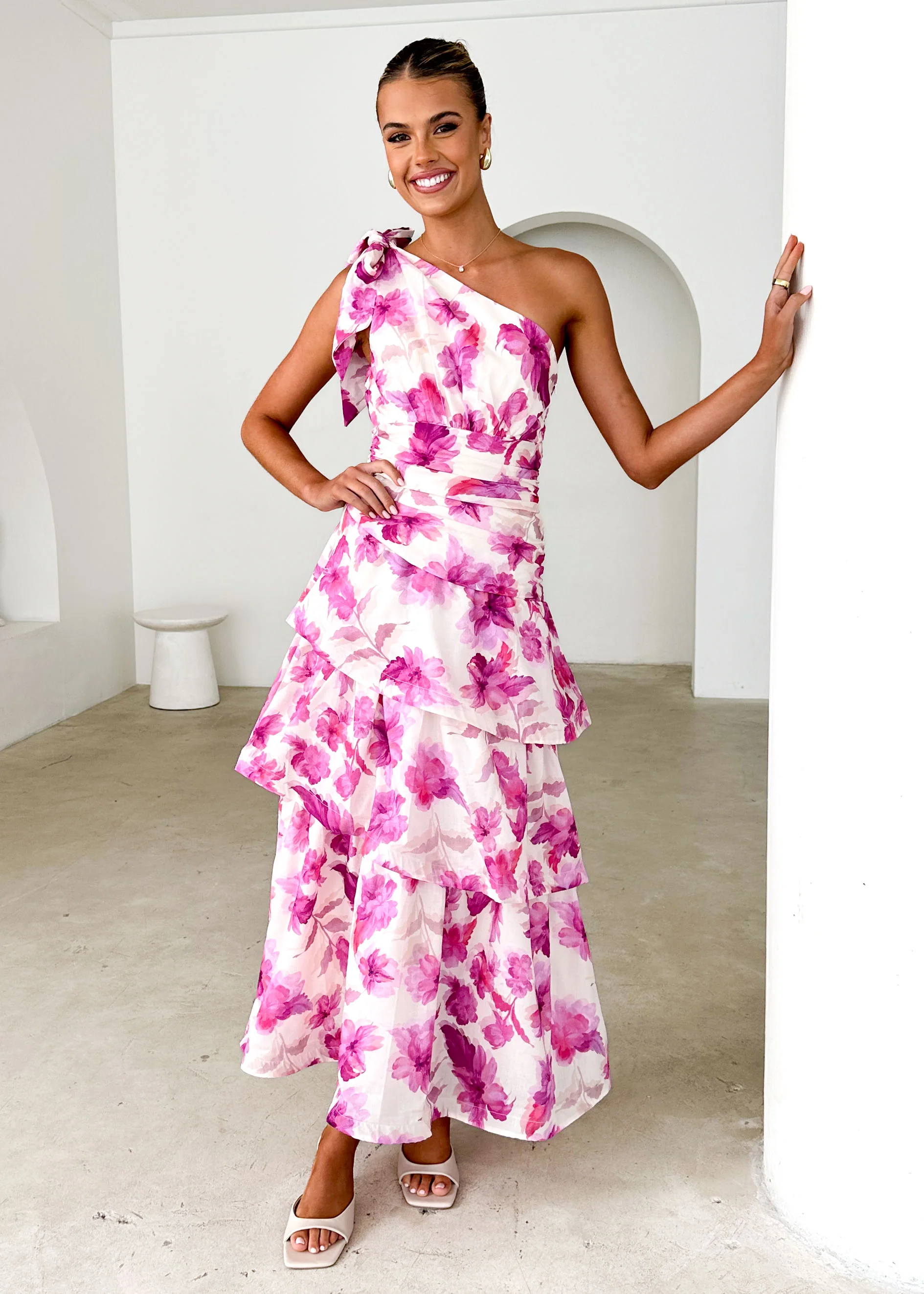 Anrielle One Shoulder Maxi Dress - Pink Flowers - Honorern