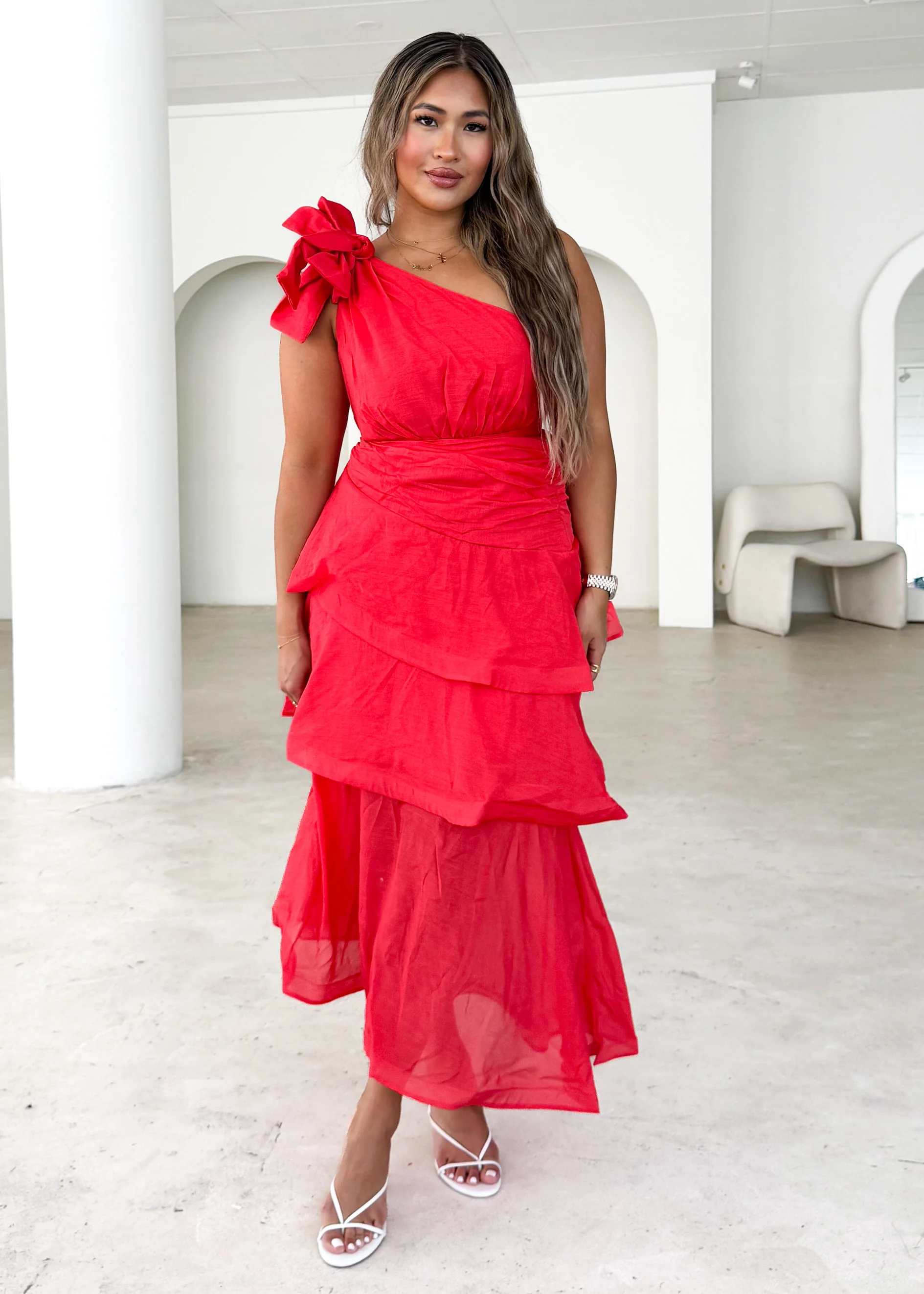 Pinnie One Shoulder Midi Dress - Red - Honorern