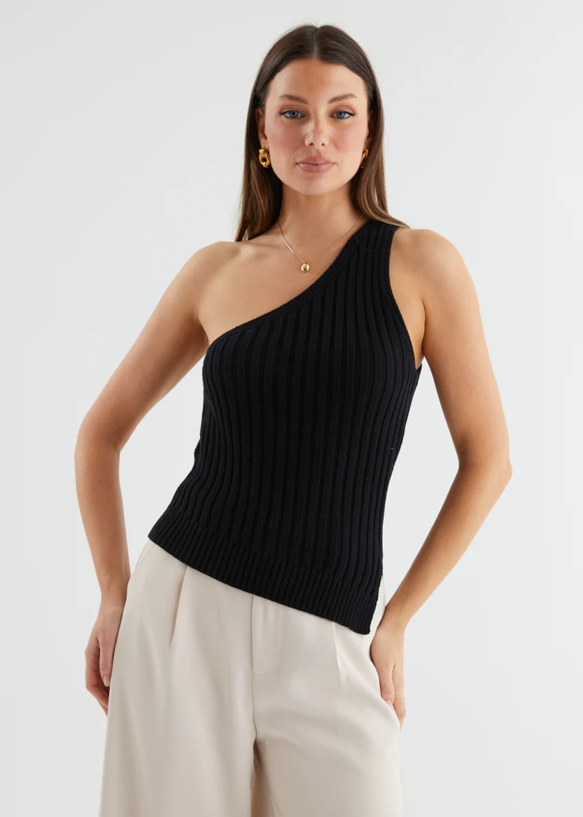 Natalee One Shoulder Knit Top - Black - Honorern