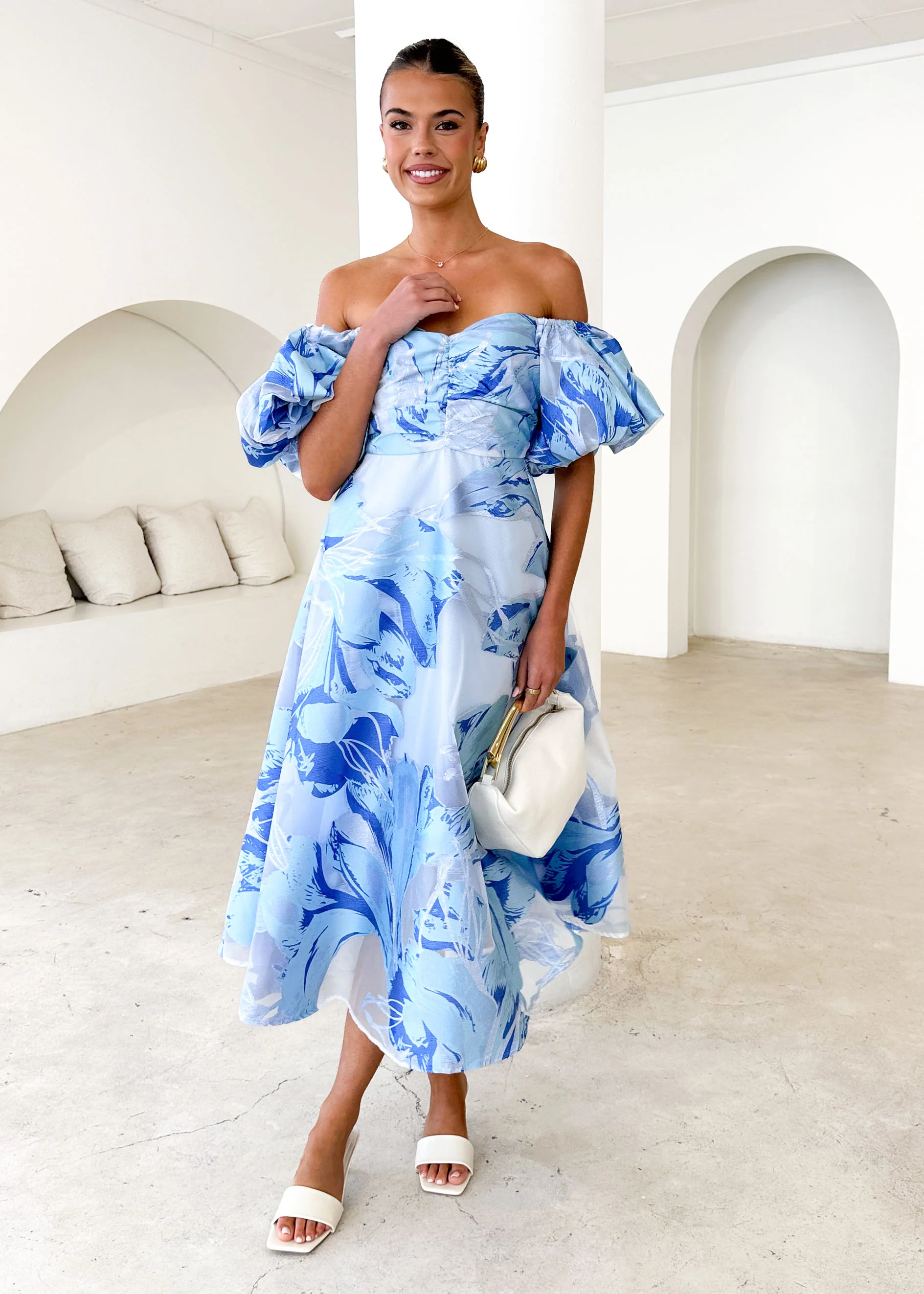 Anaya Off Shoulder Midi Dress - Sky Jacquard - Honorern
