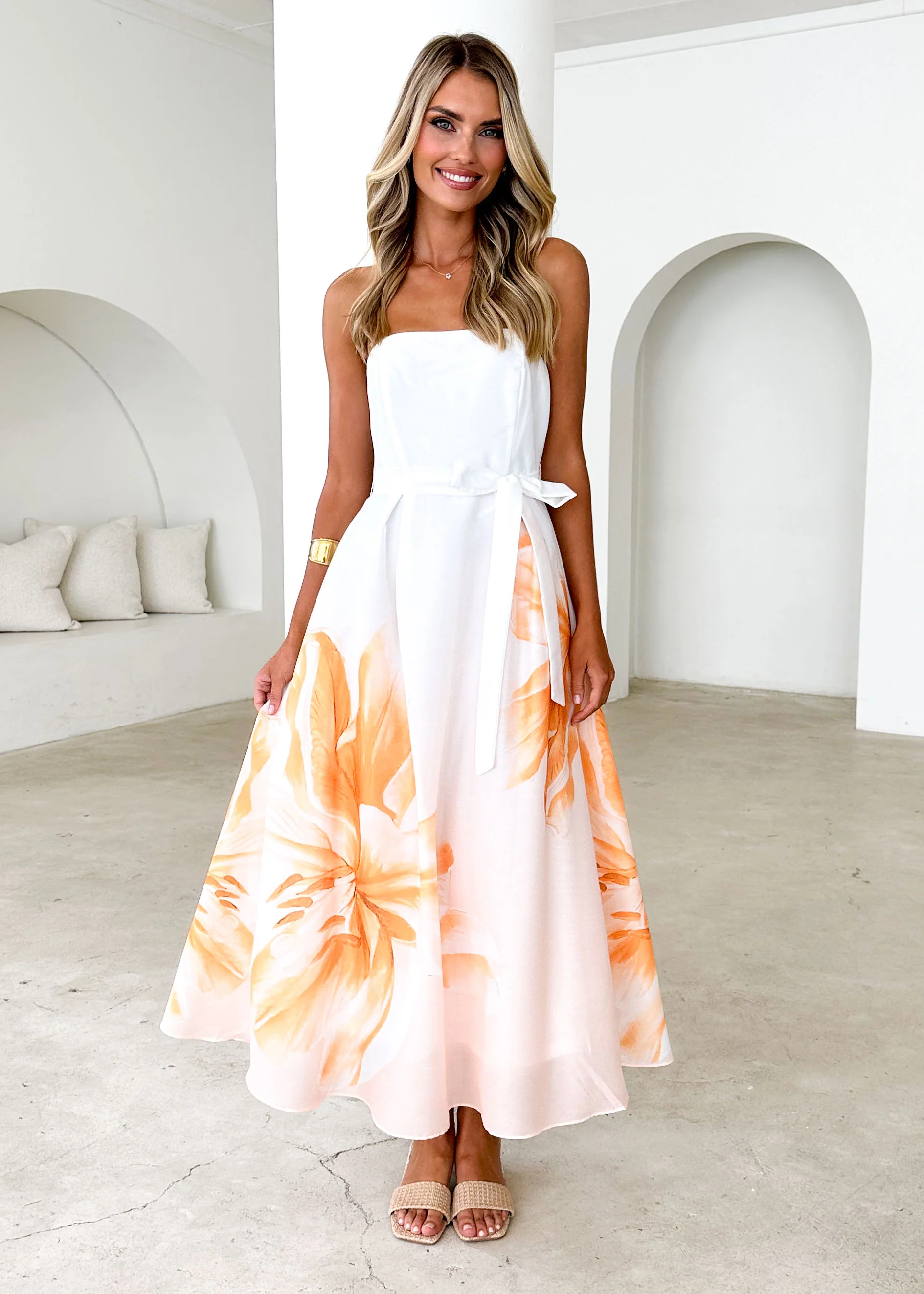 Naya Strapless Midi Dress - Peach Floral - Honorern