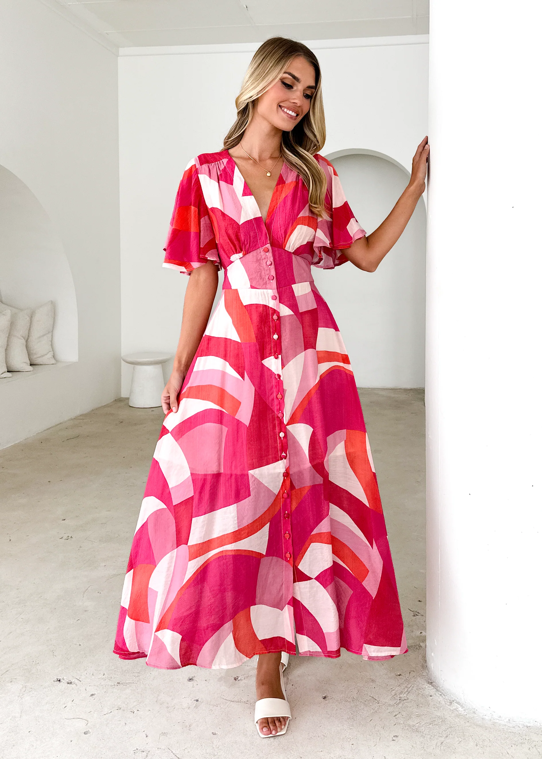 Jasmine Midi Dress - Pink Geo - Honorern