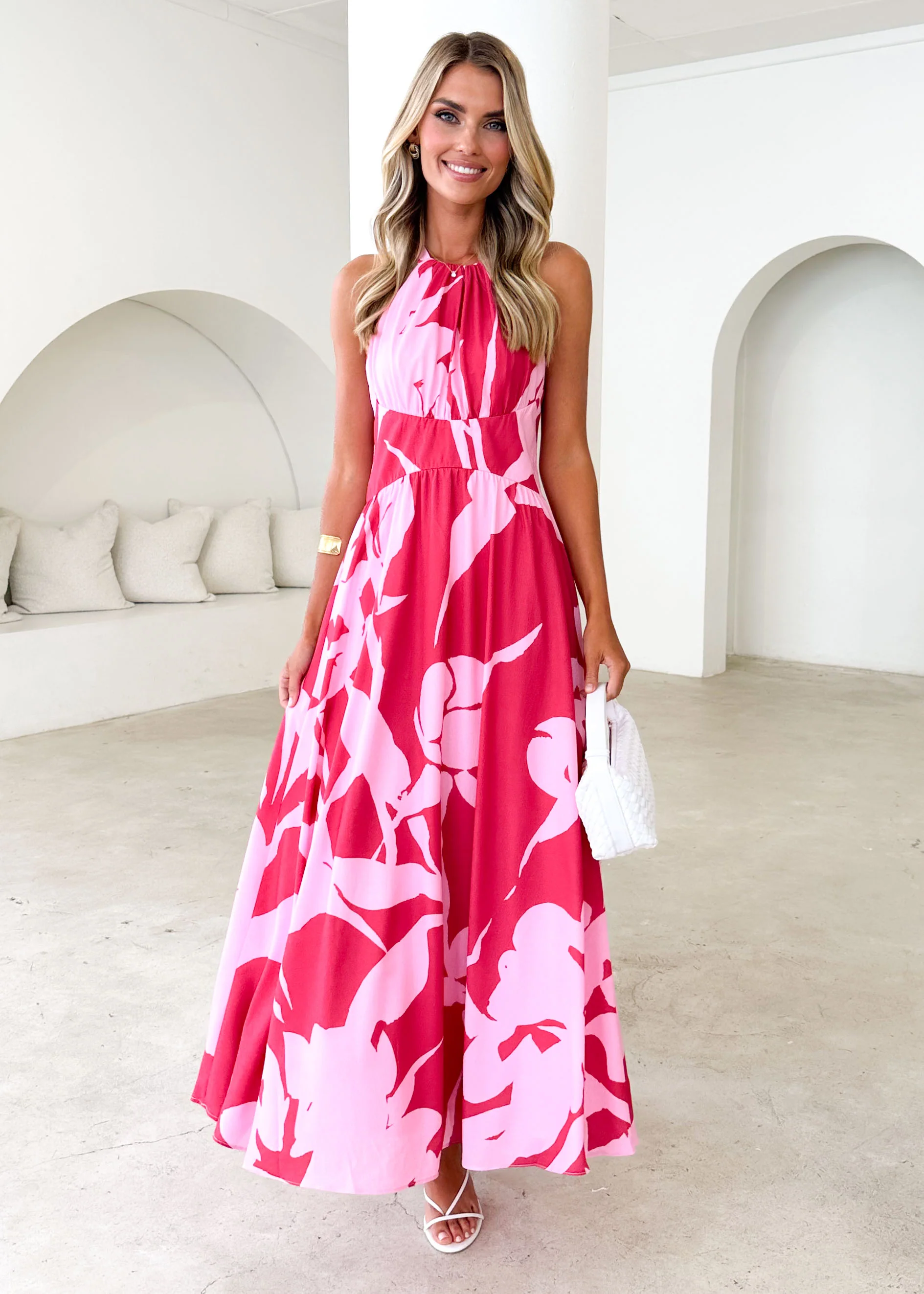 Madeleine Halter Maxi Dress - Pink Leaf - Honorern