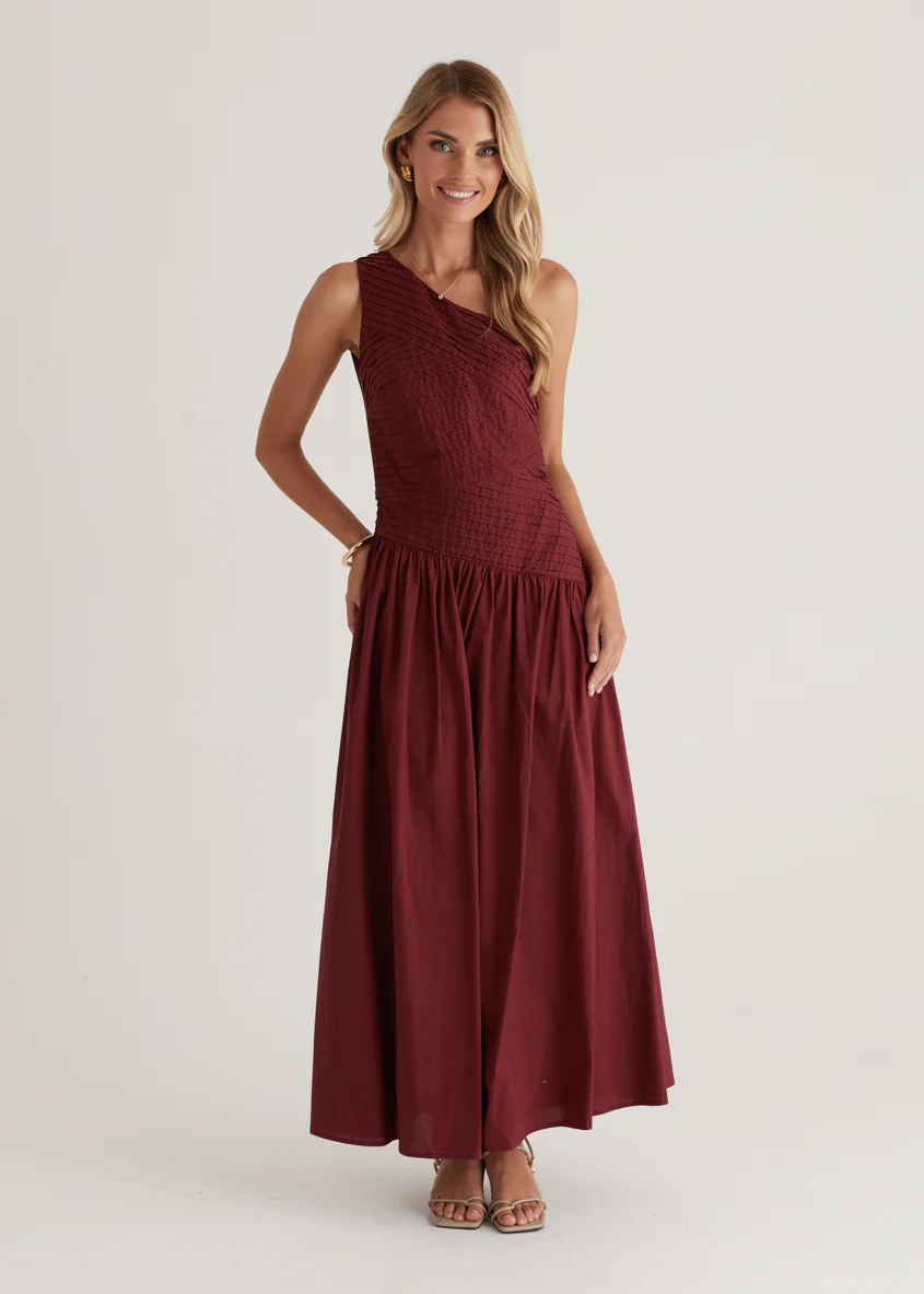 Tazzy One Shoulder Maxi Dress - Burgundy - Honorern