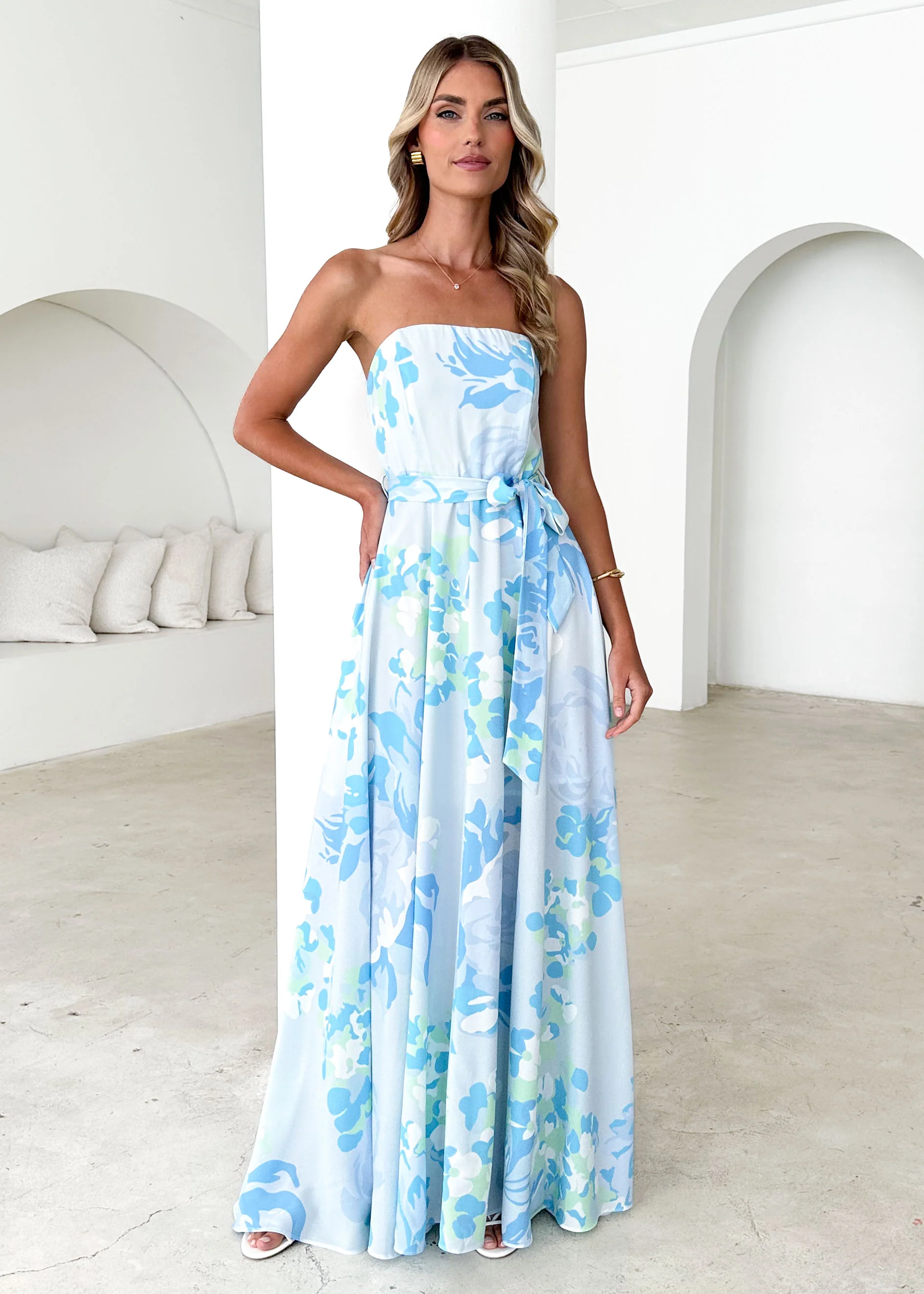 Jorgia Strapless Maxi Dress - Blue Floral - Honorern