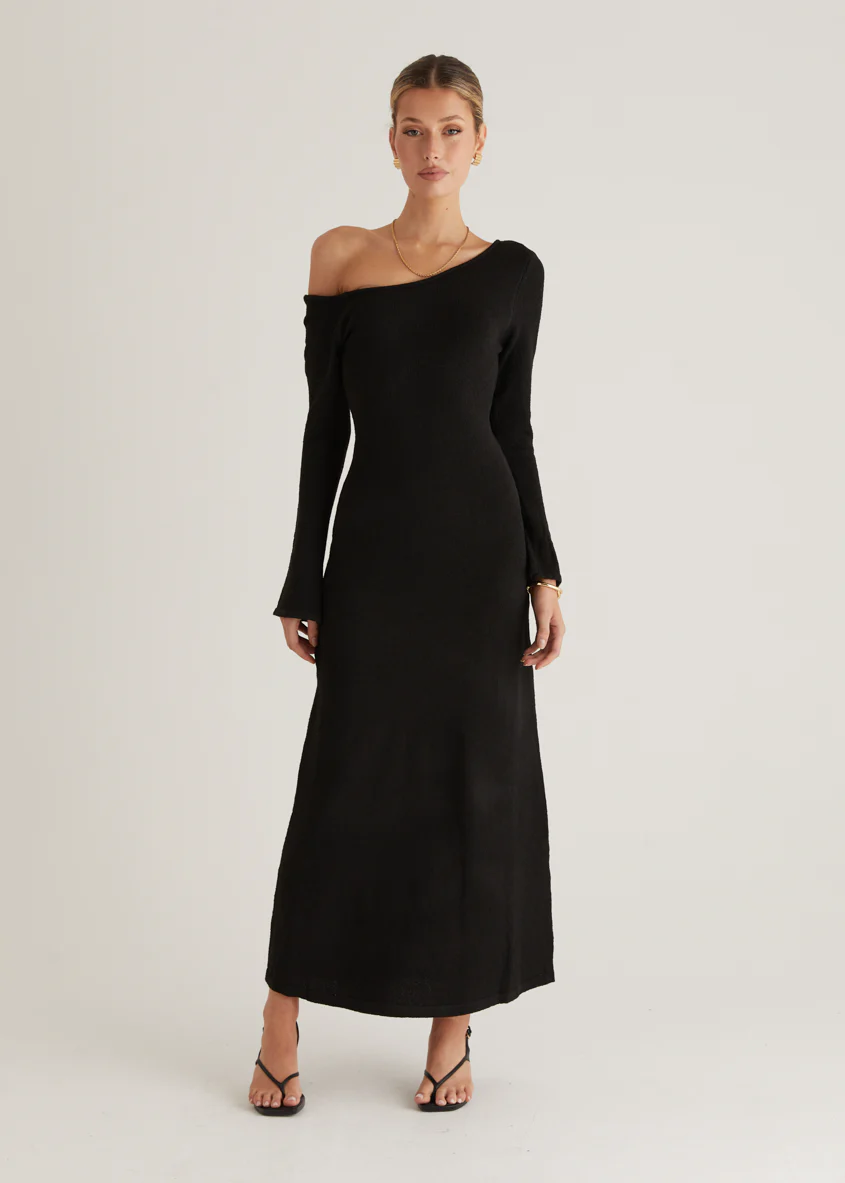 Loco One Shoulder Knit Maxi Dress - Black - Honorern