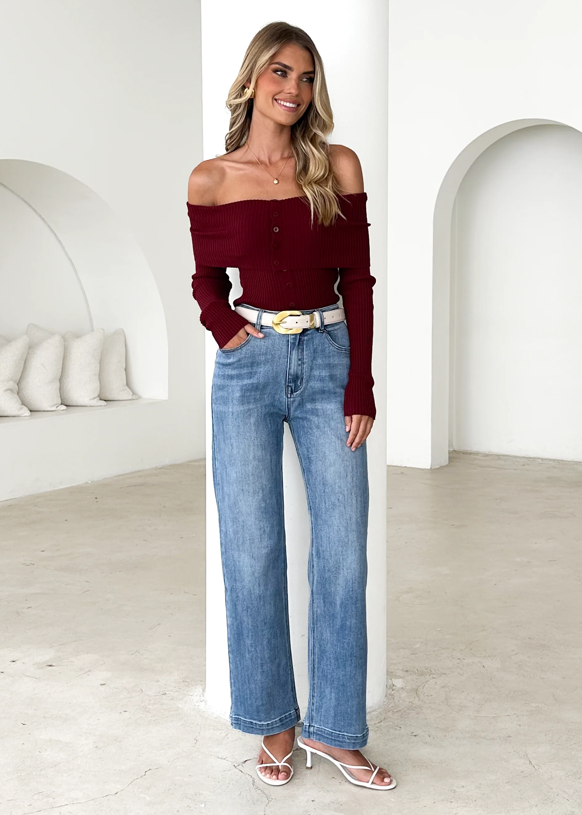 Talulah Off Shoulder Knit Top - Wine - Honorern