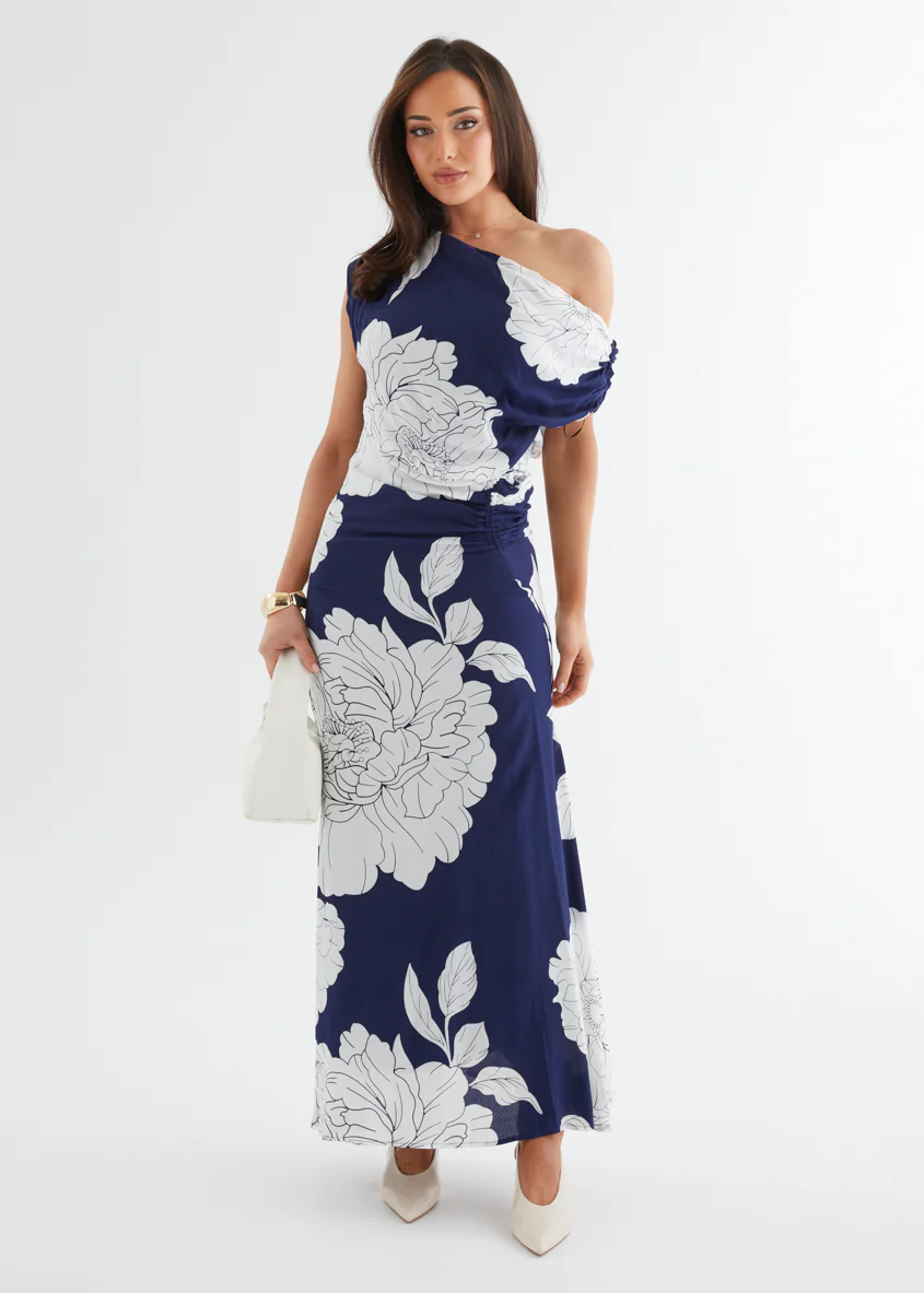 Aida Drop Shoulder Maxi Dress - Navy Bloom - Honorern