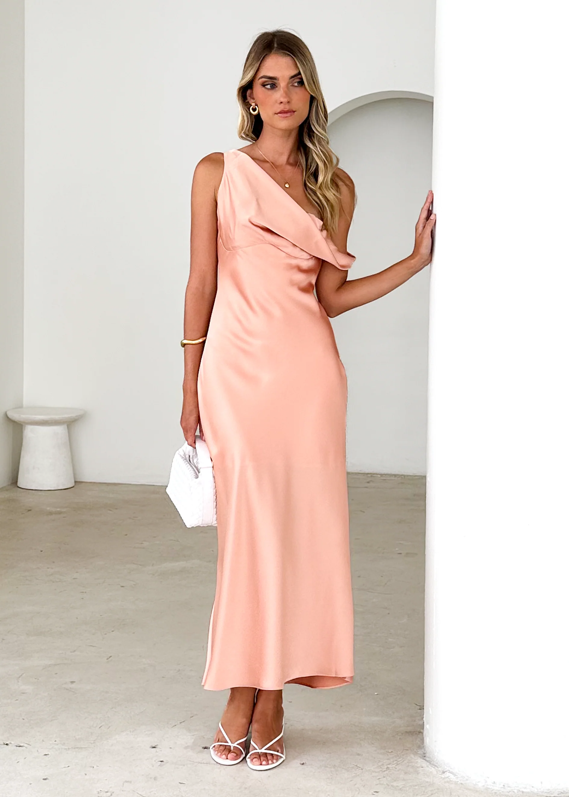 Draela One Shoulder Midi Dress - Peach - Honorern