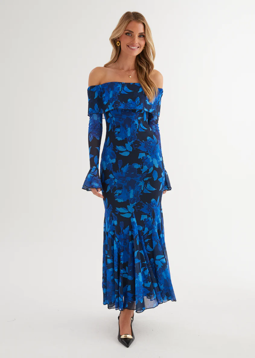 Linier Off Shoulder Mesh  Maxi Dress - Blue Floral - Honorern