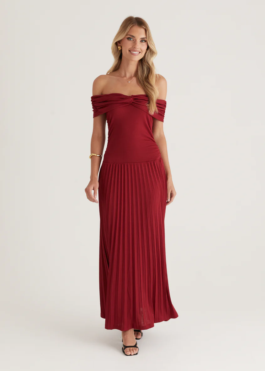 Lottie Off Shoulder Maxi Dress - Burgundy - Honorern