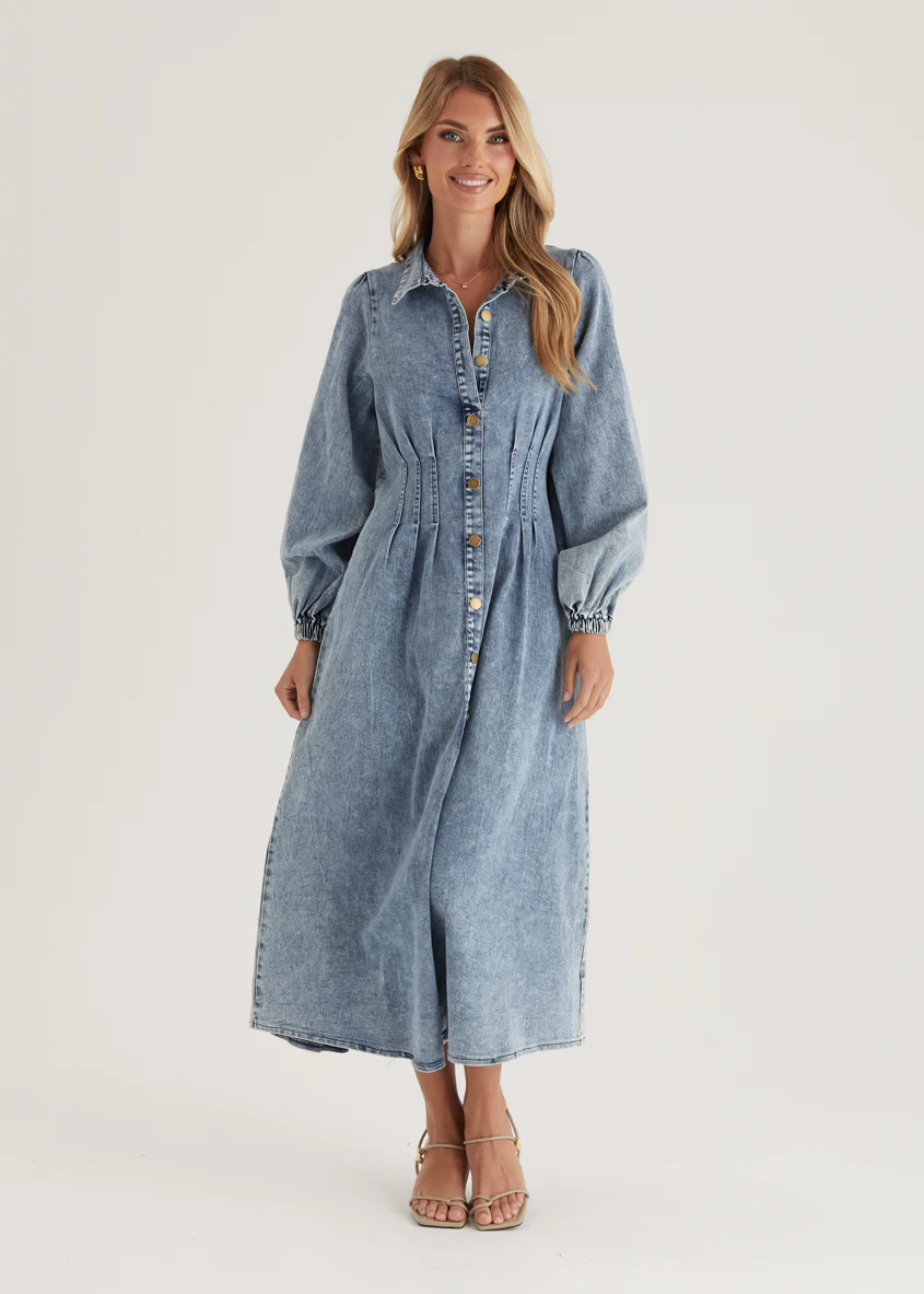 Karliat Denim Maxi Dress - Mid Blue - Honorern