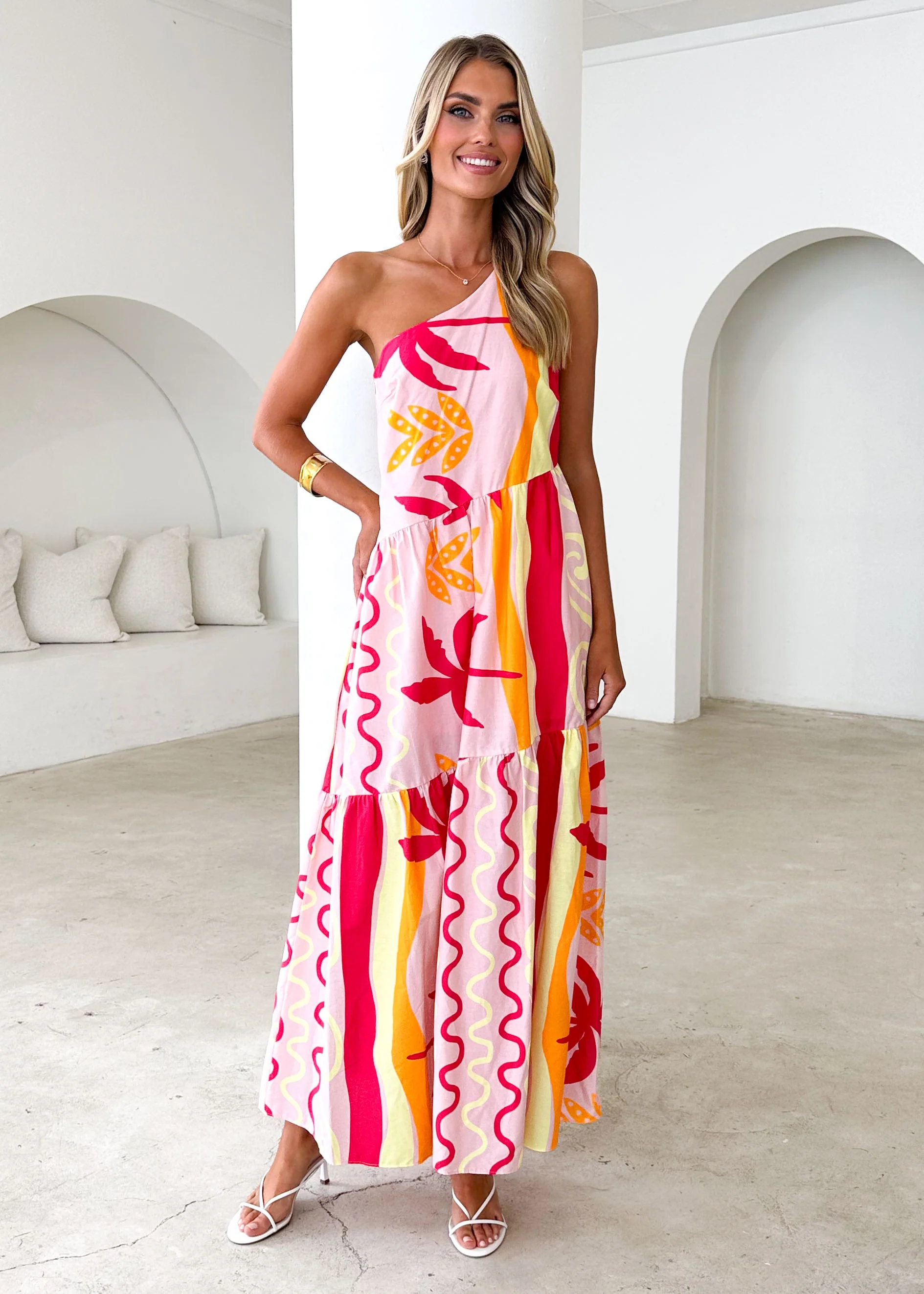 Indira One Shoulder Maxi Dress - Pink Palm - Honorern