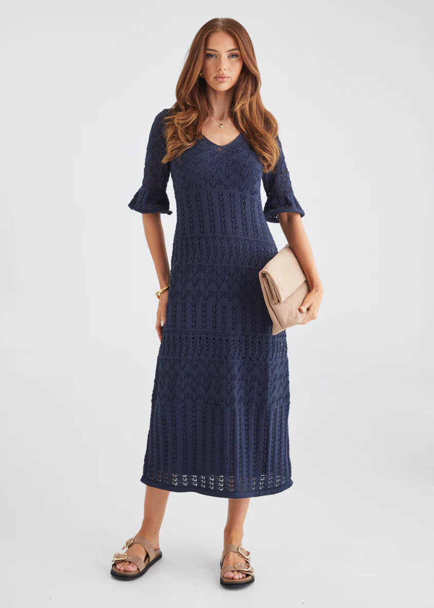 Estrela Crochet Midi Dress - Navy - Honorern