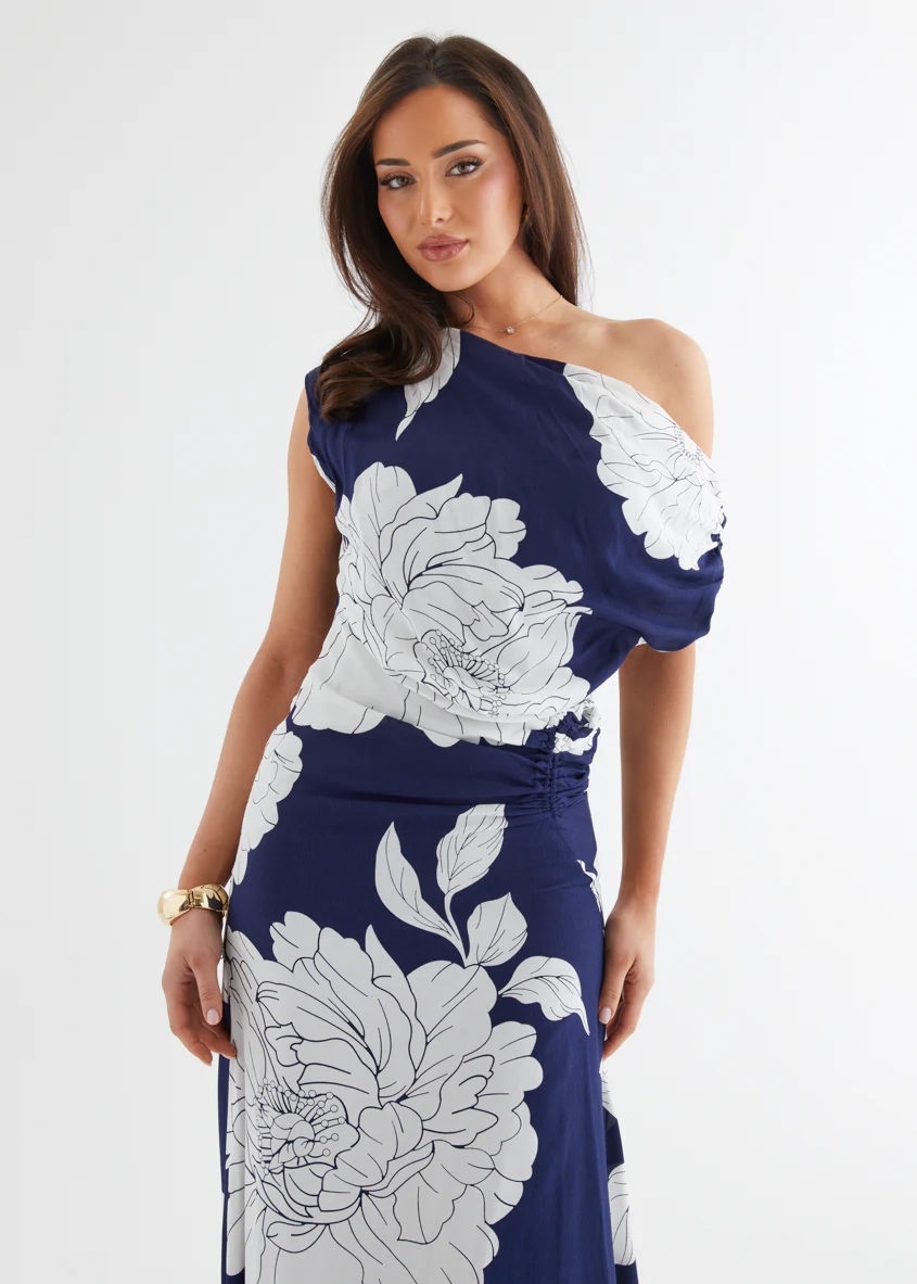 Aida Drop Shoulder Maxi Dress - Navy Bloom - Honorern