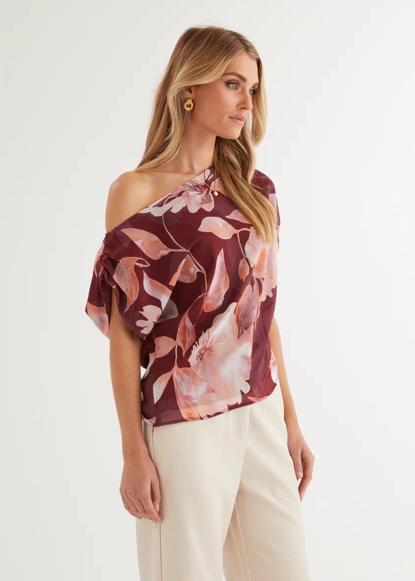 Tatum Off Shoulder Top - Burgundy Floral - Honorern