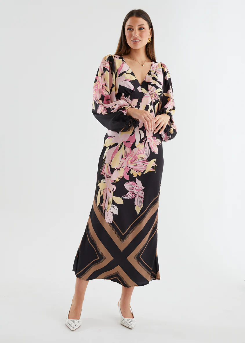Stetha Maxi Dress - Black Floral - Honorern