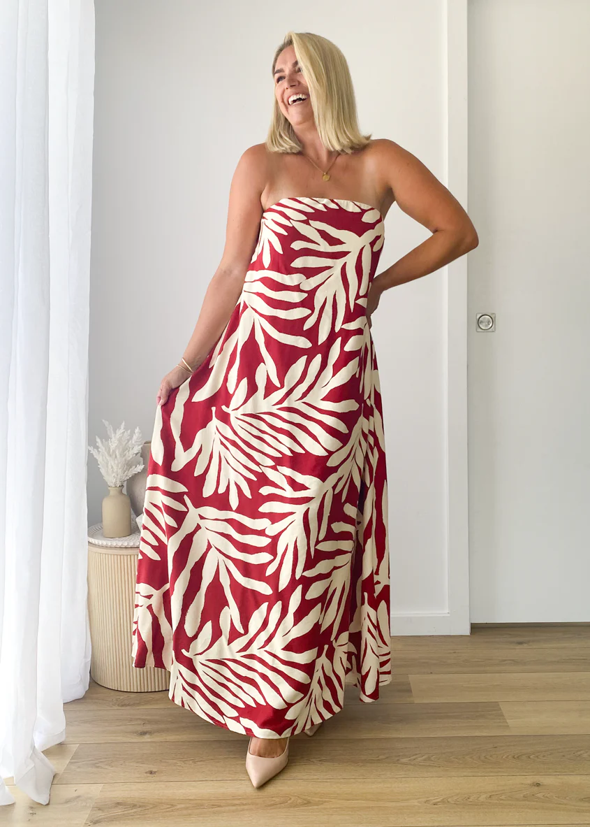 Remora Strapless Maxi Dress - Ruby Leaf - Honorern