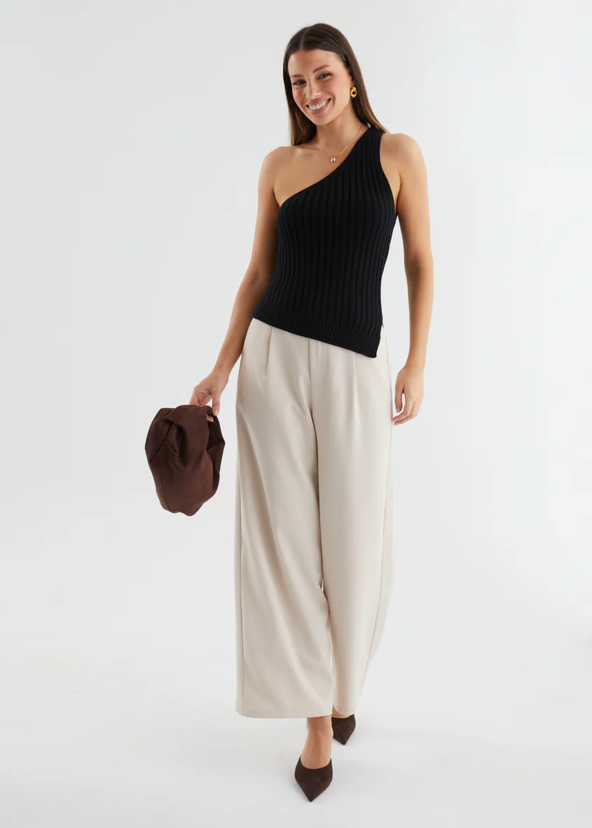 Natalee One Shoulder Knit Top - Black - Honorern