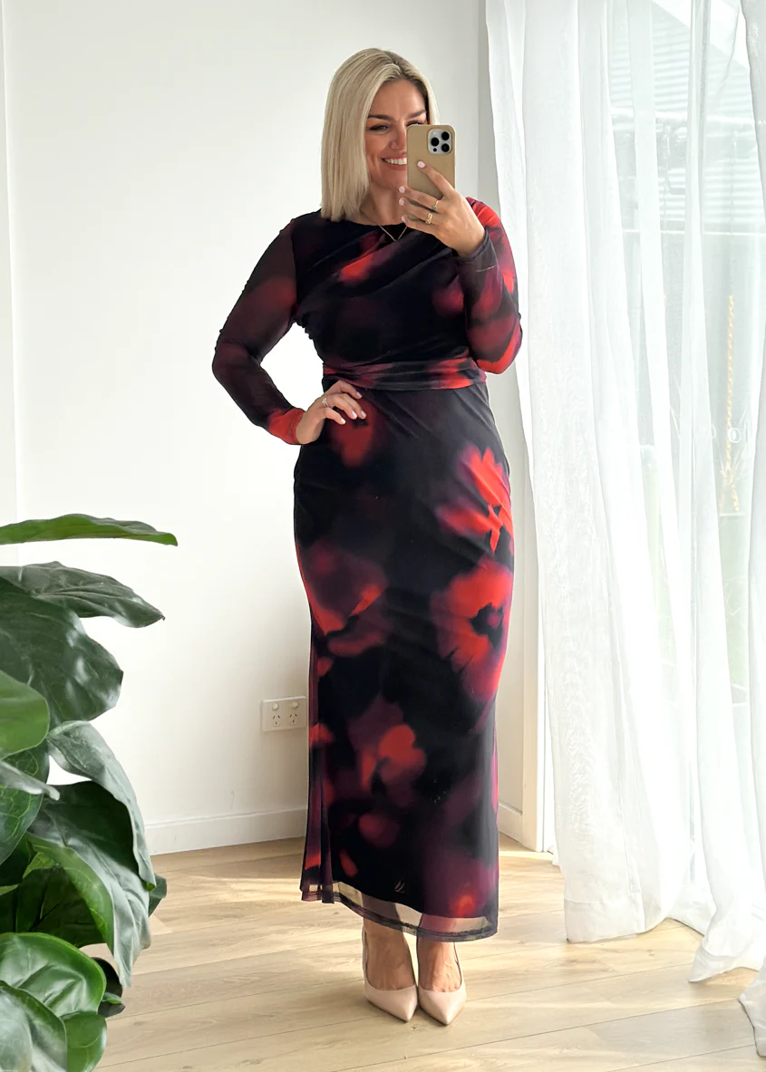 Ashville Mesh Maxi Dress - Black Watercolour - Honorern