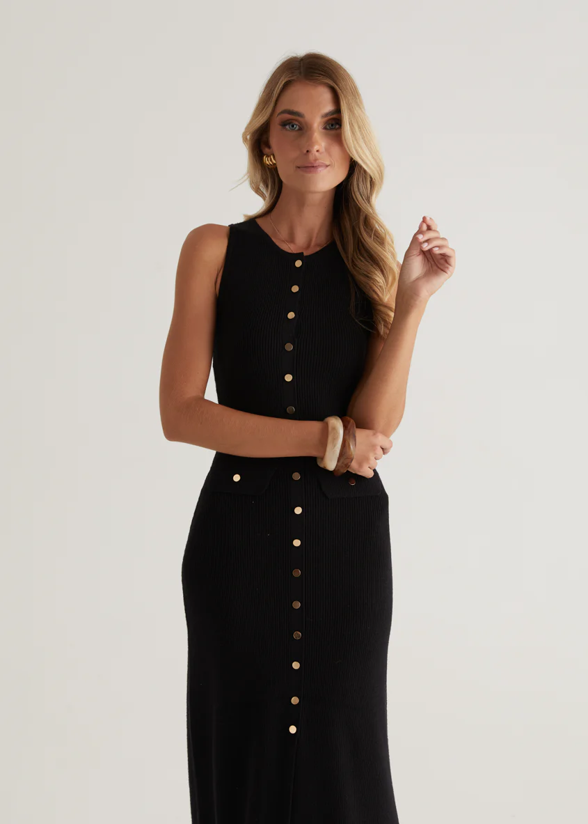 Tully Knit Midi Dress - Black - Honorern
